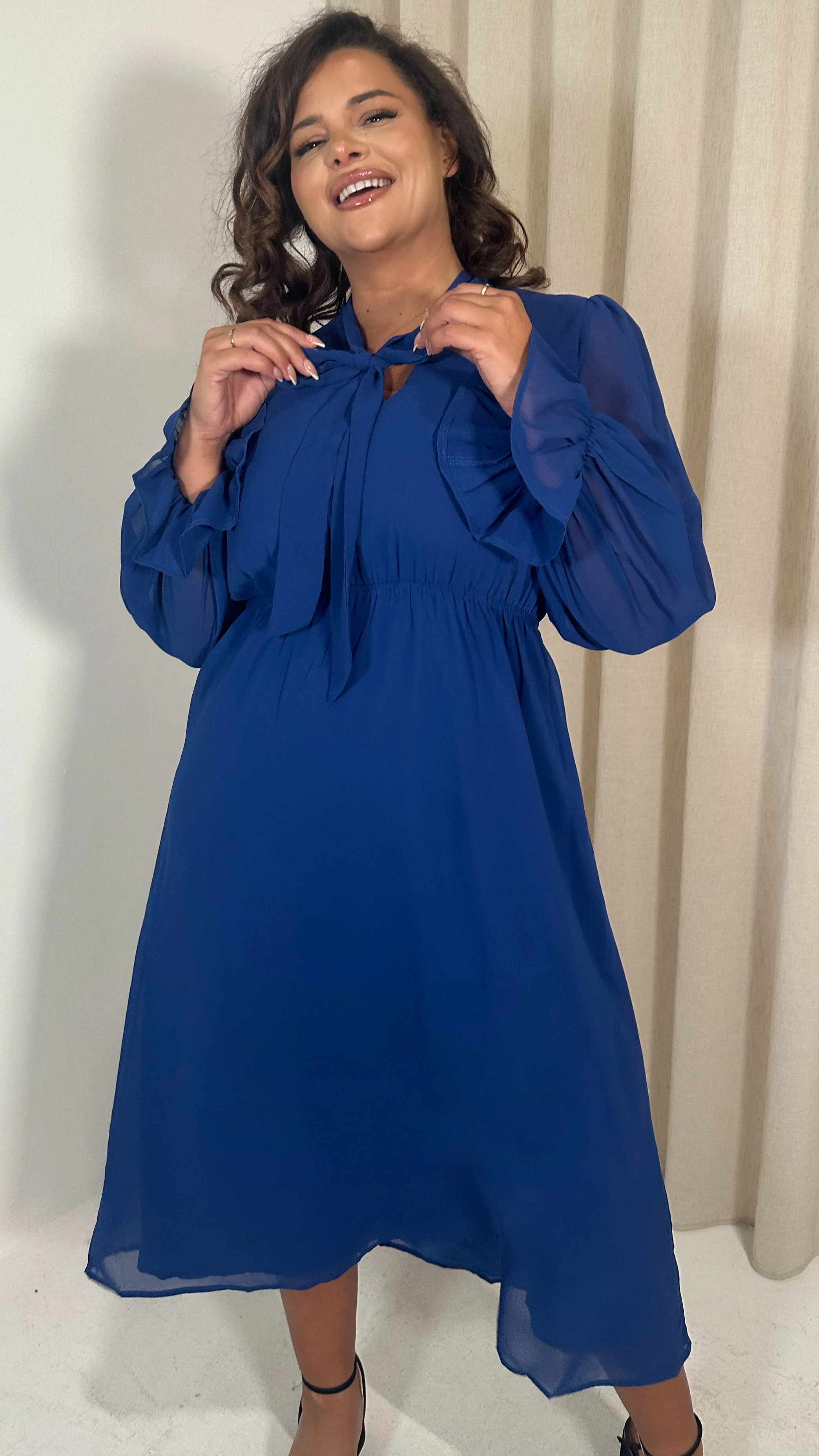 CurveWow Pussybow Midaxi Dress Blue - Image 6