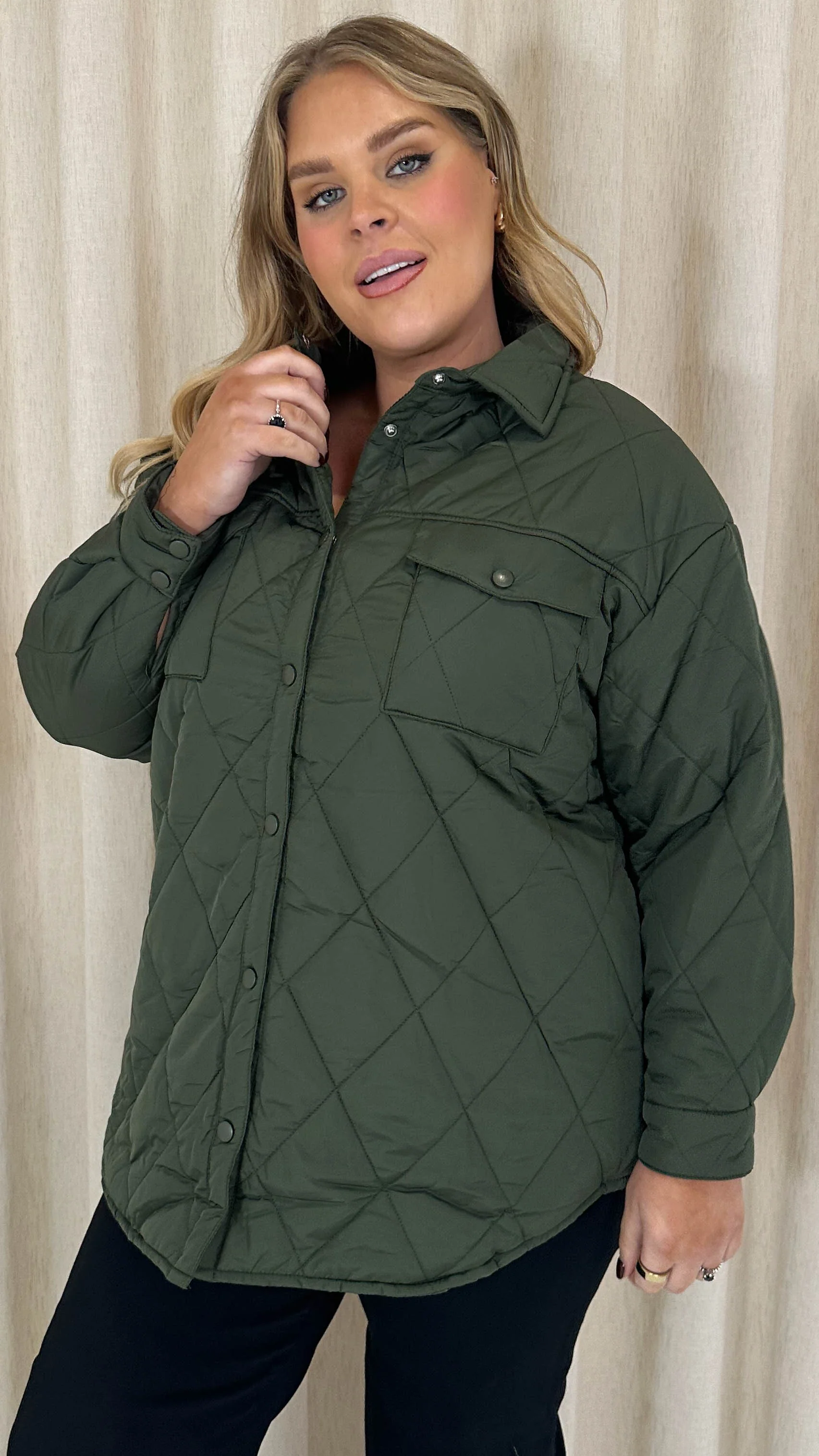 CurveWow Quilted Popper Button Jacket Khaki - Image 2