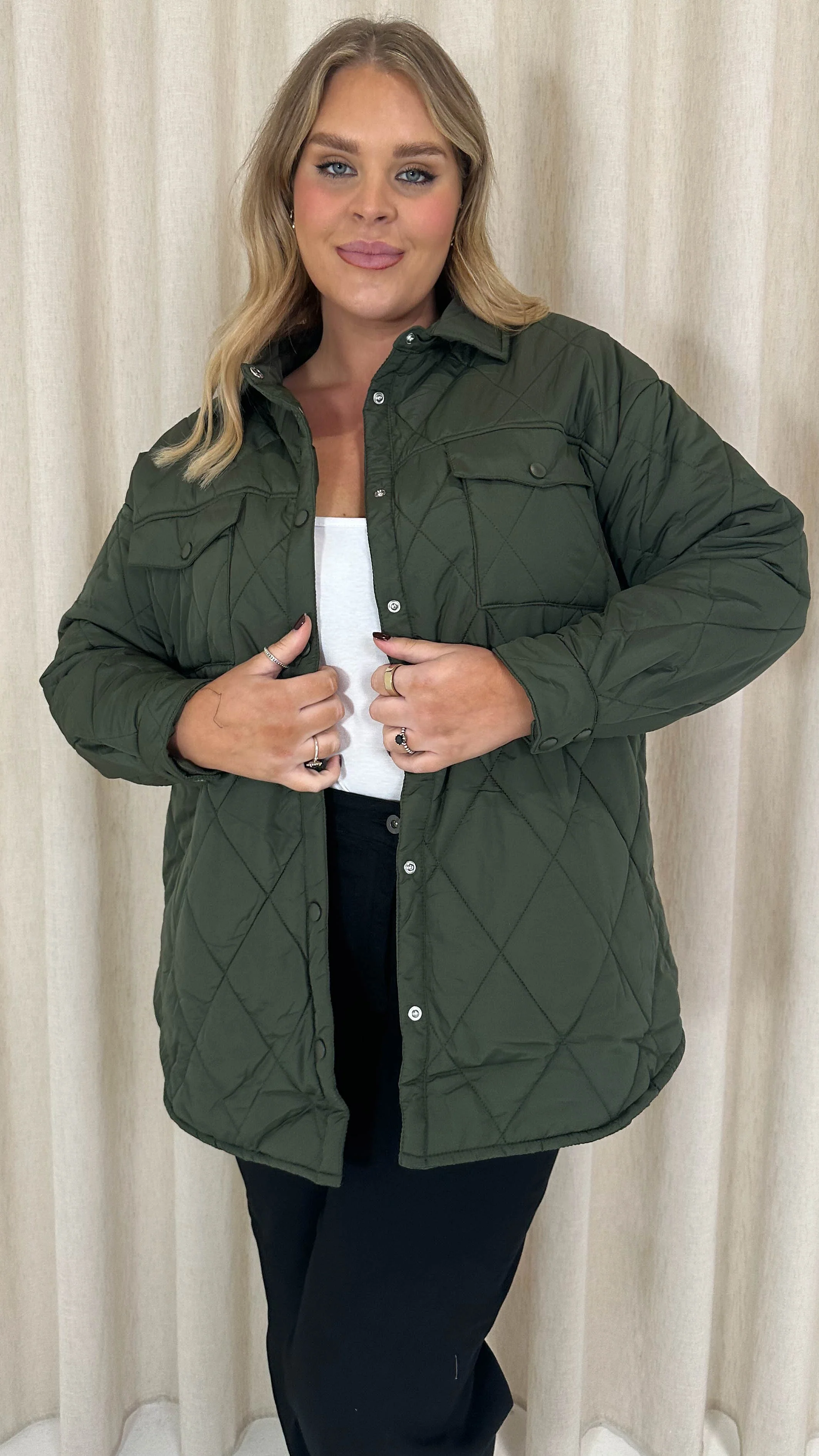 CurveWow Quilted Popper Button Jacket Khaki - Image 5
