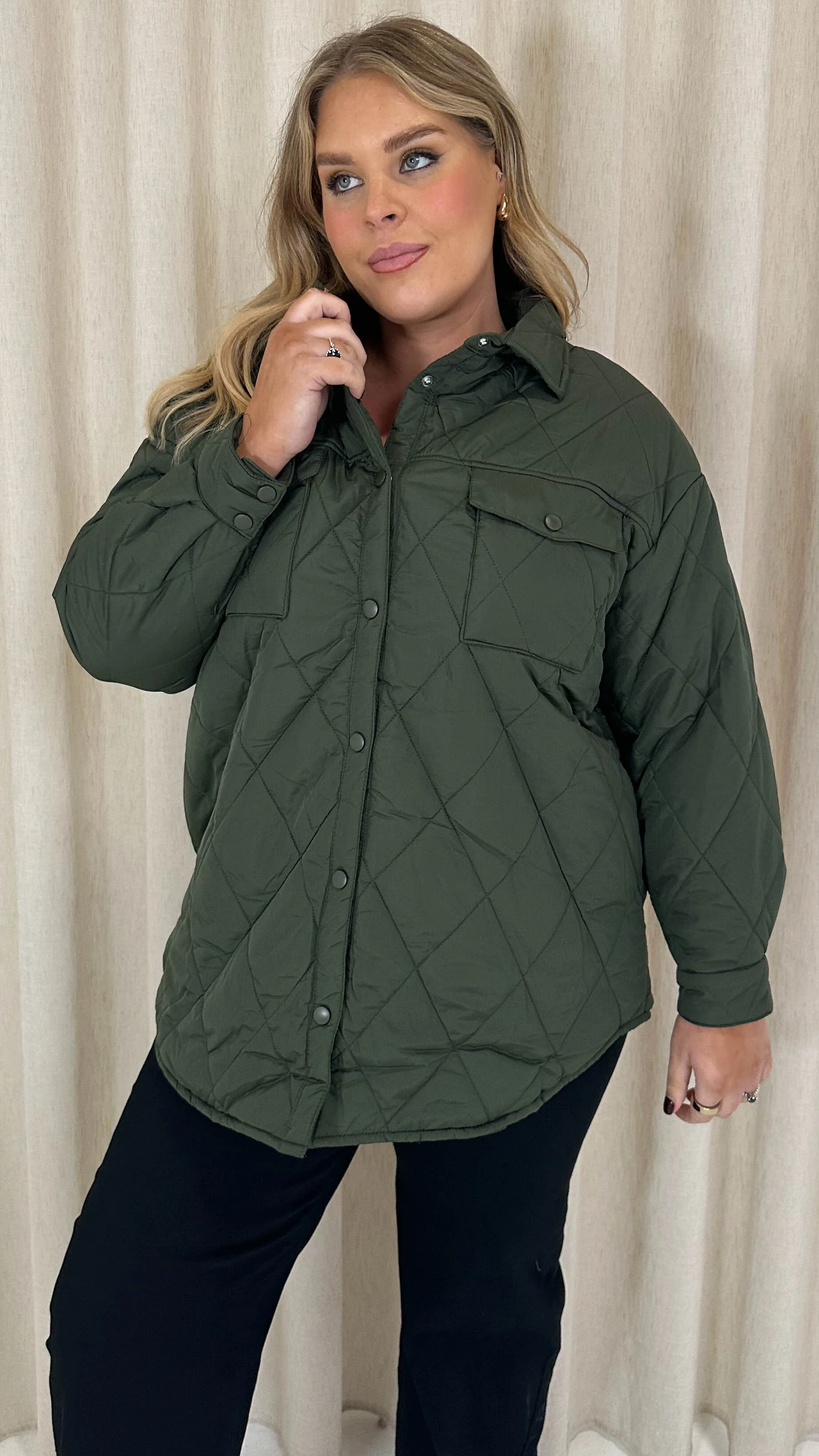 CurveWow Quilted Popper Button Jacket Khaki - Image 6
