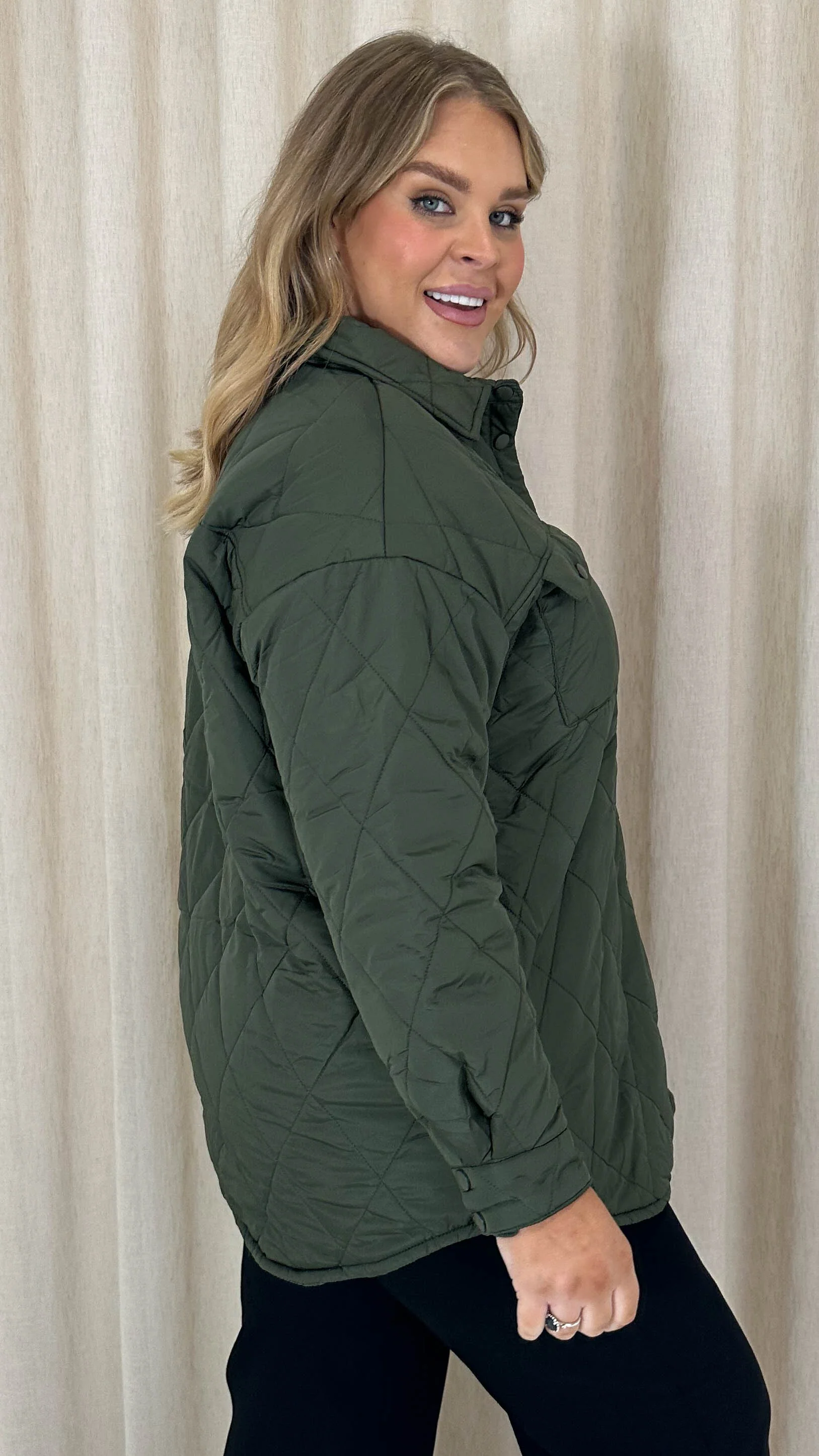 CurveWow Quilted Popper Button Jacket Khaki - Image 7