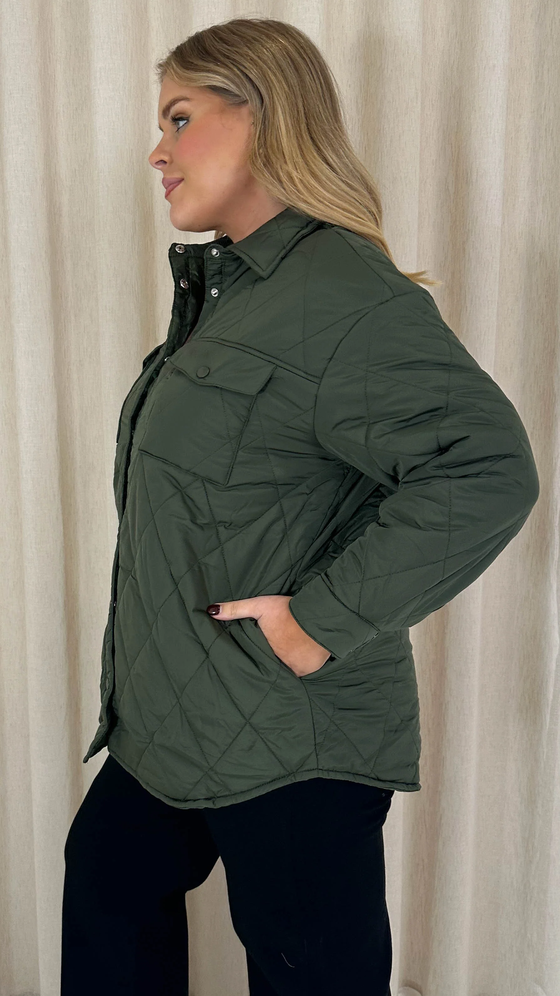 CurveWow Quilted Popper Button Jacket Khaki - Image 8