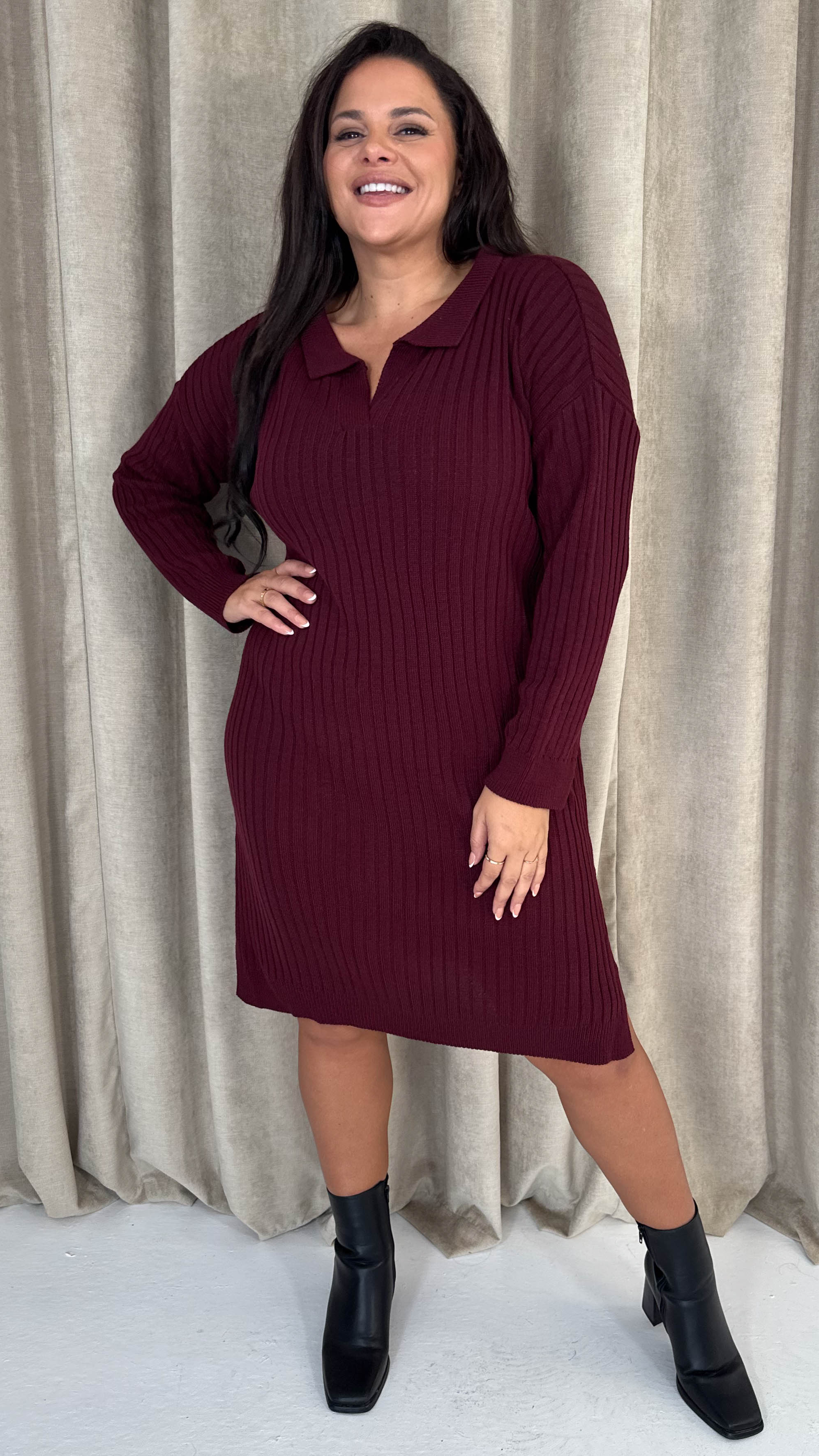 CurveWow Collar Rib Knitted Jumper Dress Wine - Image 3