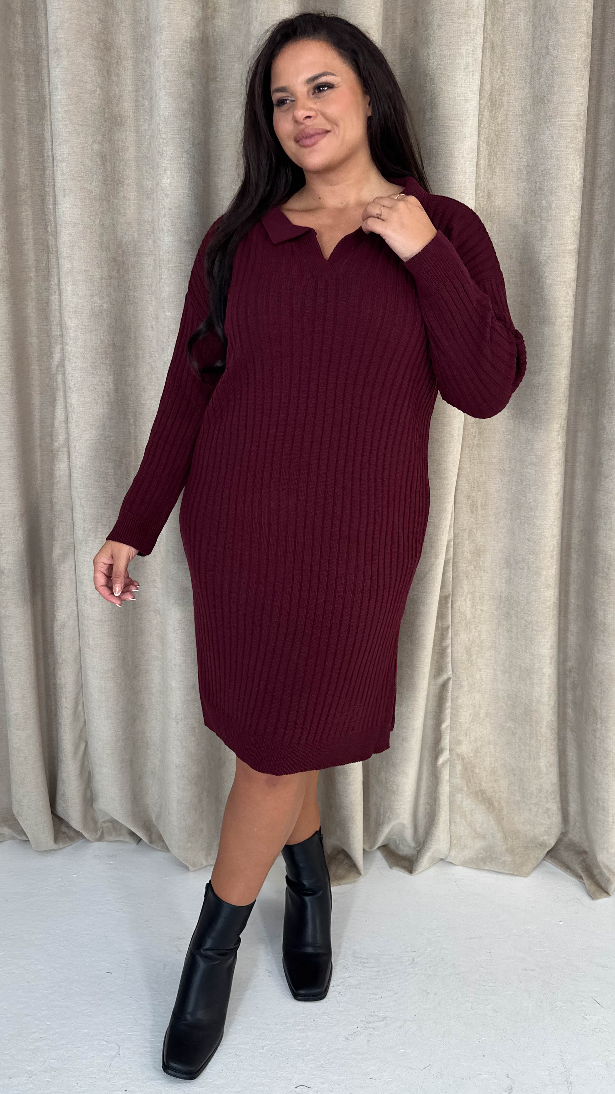 CurveWow Collar Rib Knitted Jumper Dress Wine - Image 4