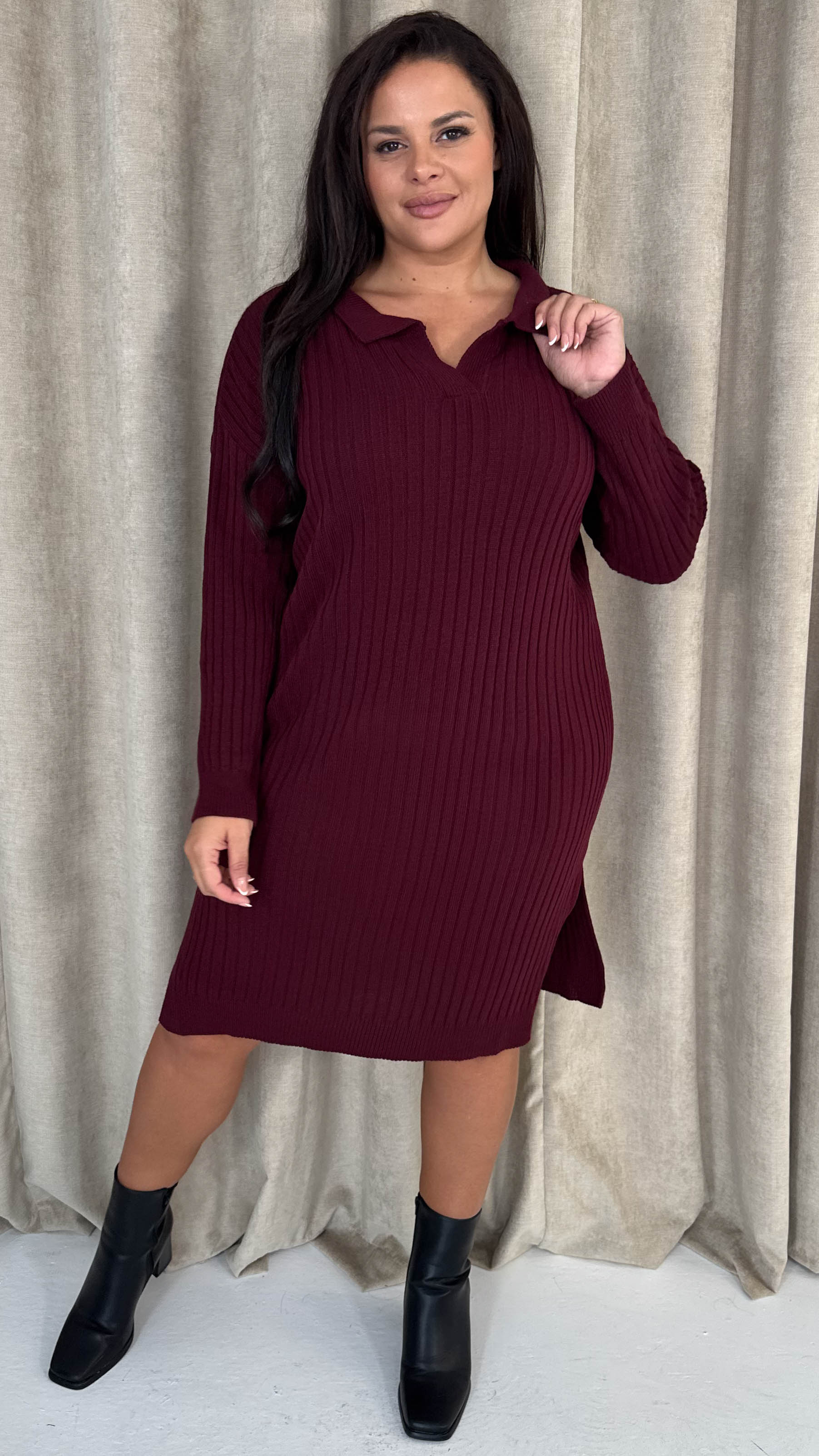 CurveWow Collar Rib Knitted Jumper Dress Wine - Image 5