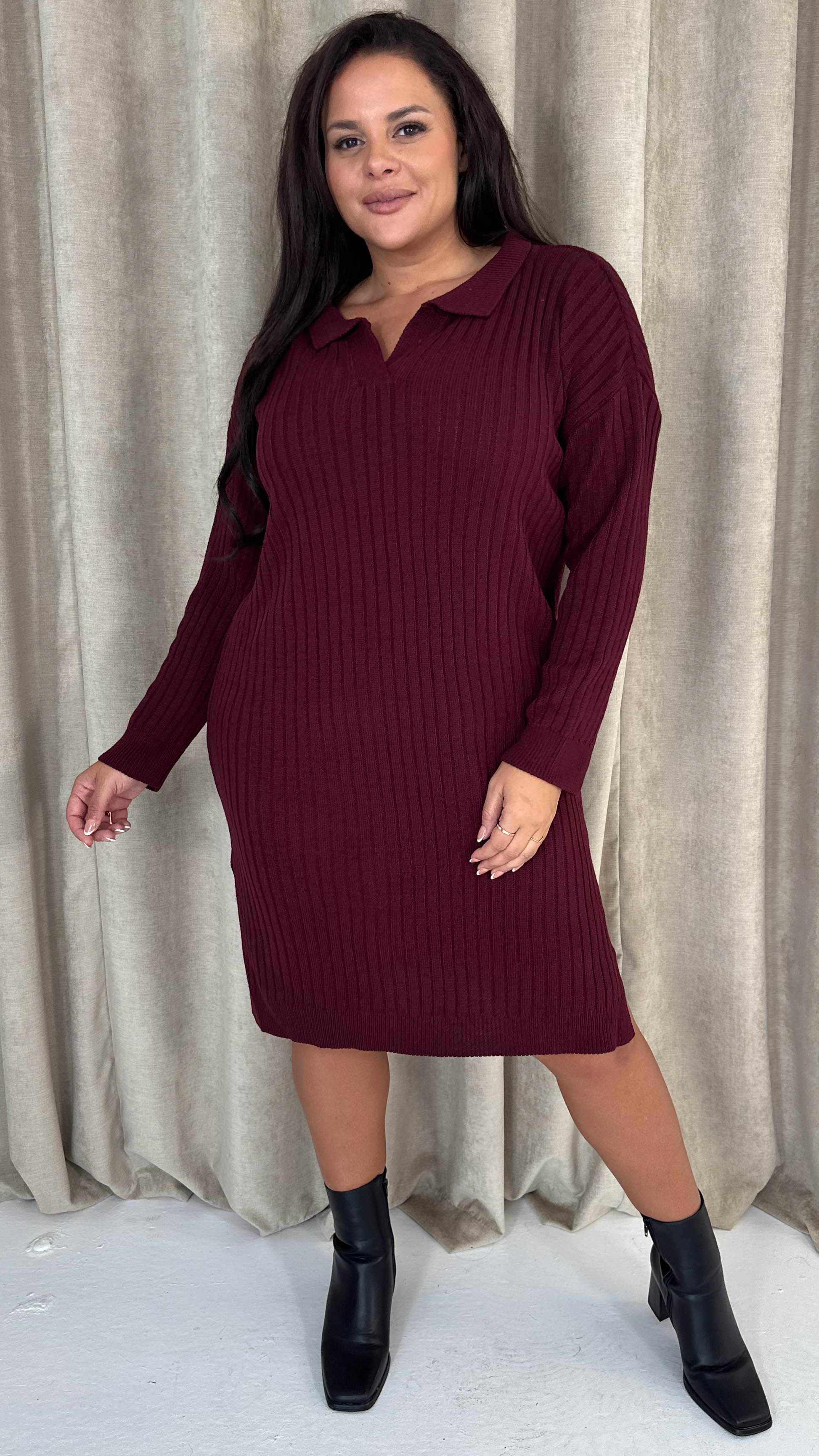 CurveWow Collar Rib Knitted Jumper Dress Wine - Image 6