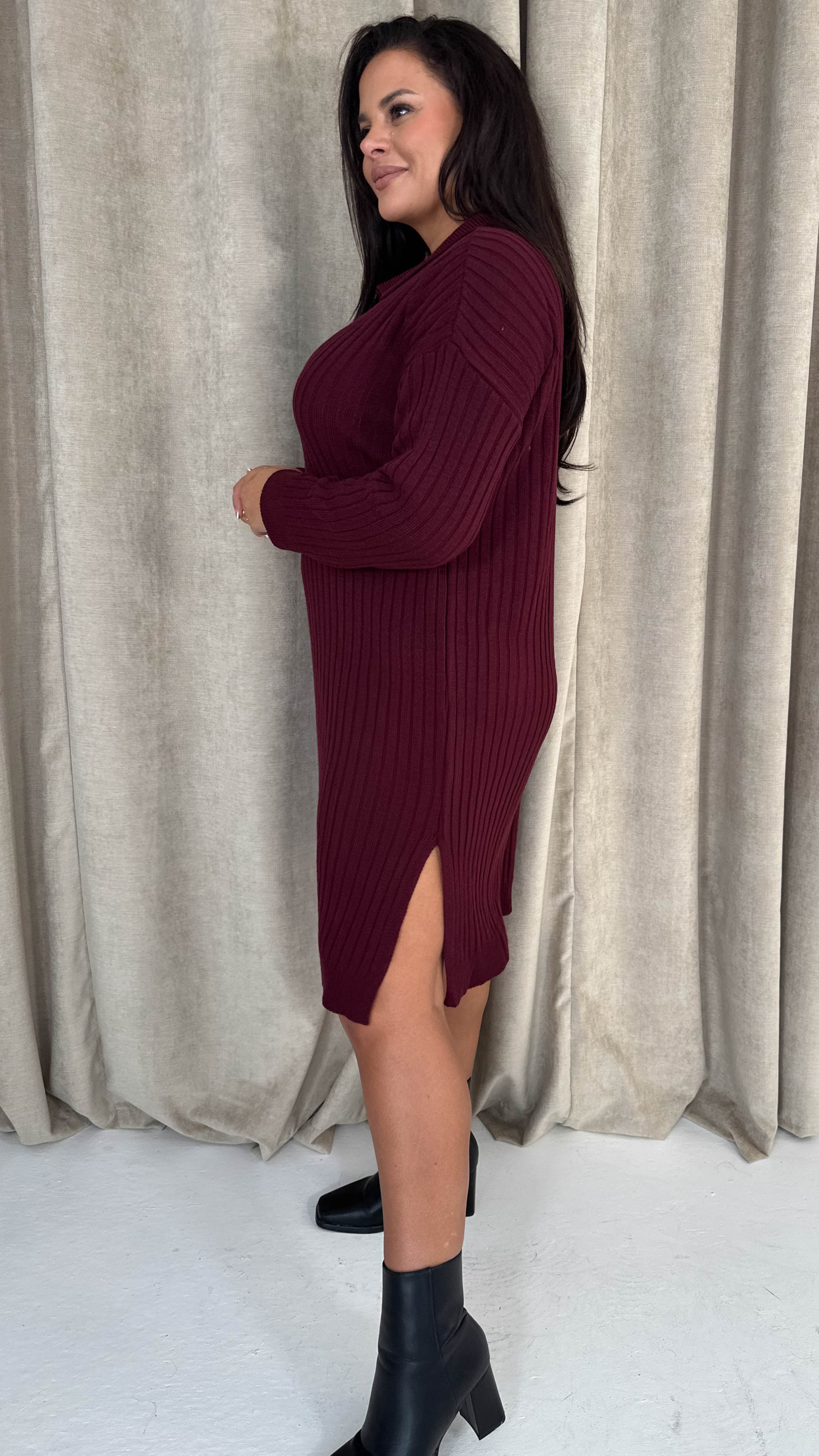 CurveWow Collar Rib Knitted Jumper Dress Wine - Image 8