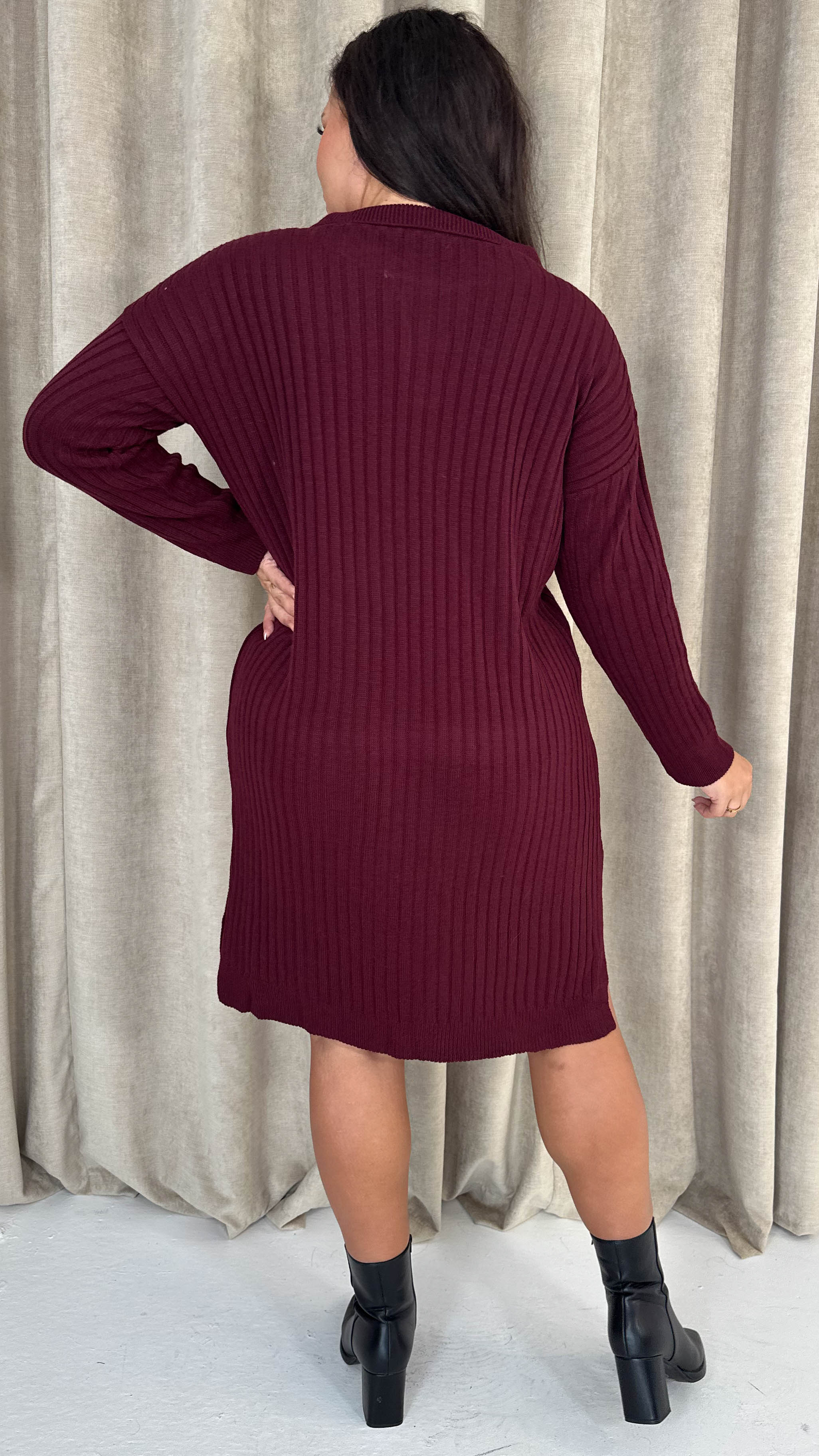 CurveWow Collar Rib Knitted Jumper Dress Wine - Image 9