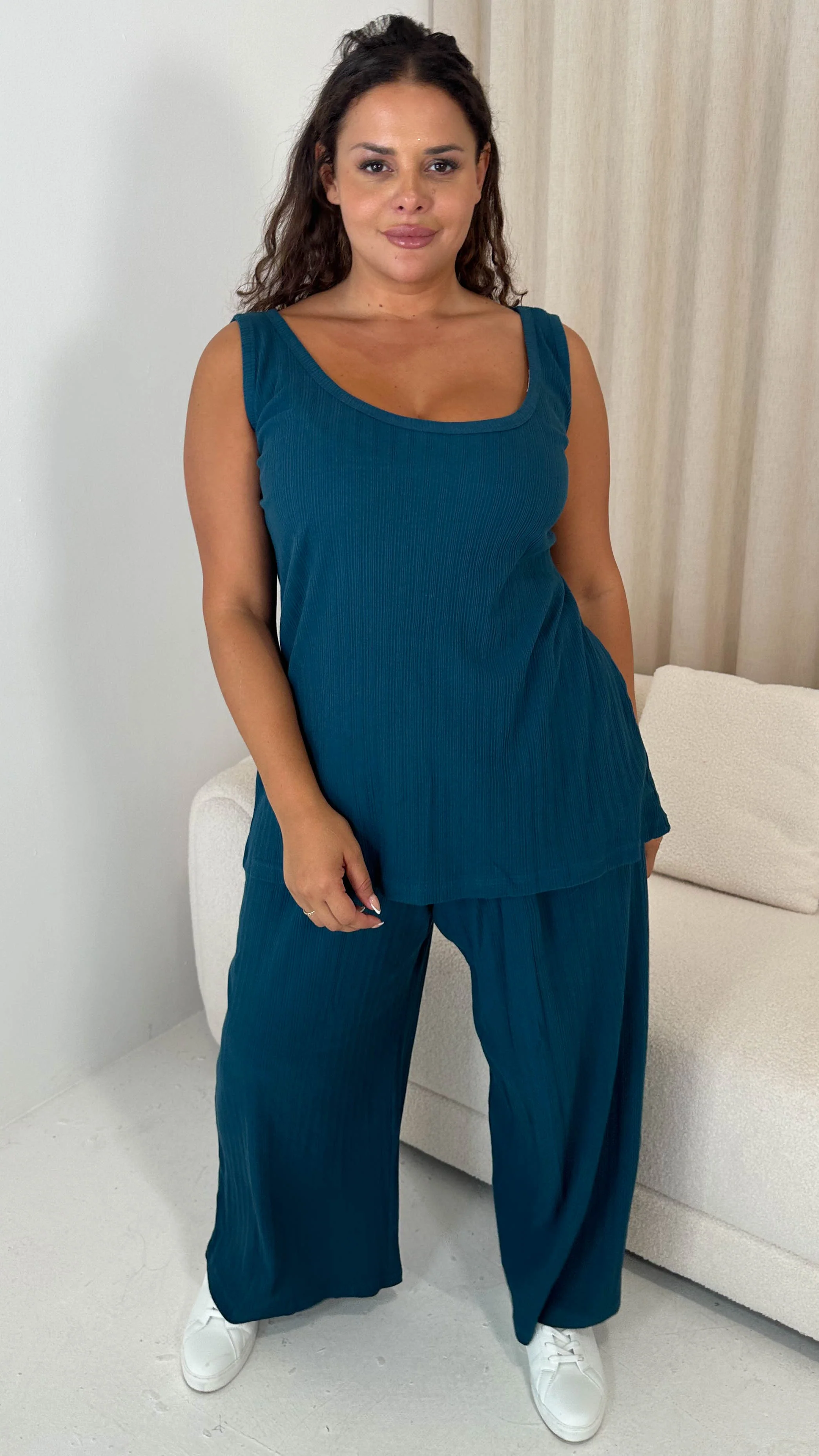 CurveWow Rib Lounge Vest & Wide Leg Trousers Teal - Image 3