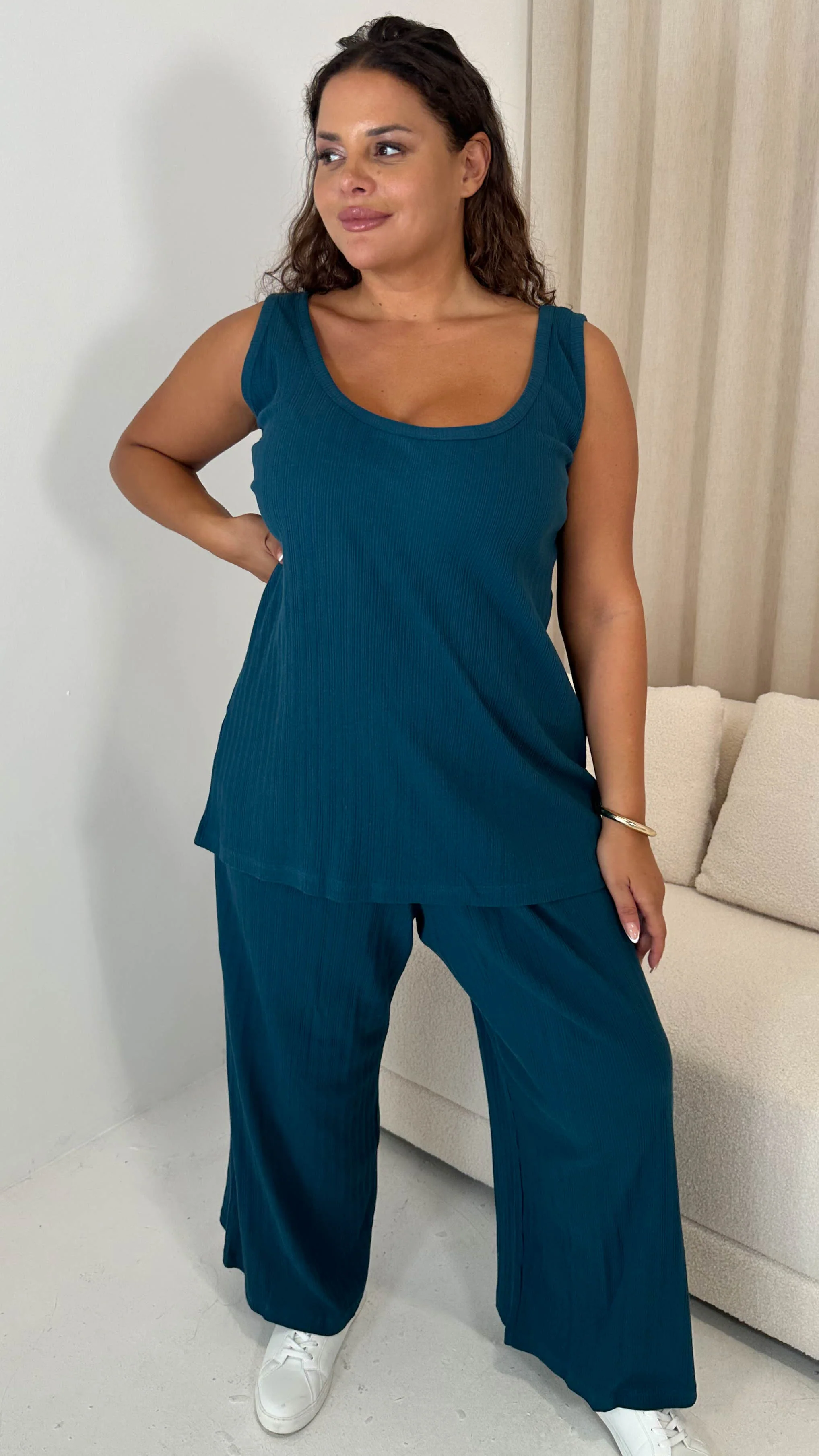 CurveWow Rib Lounge Vest & Wide Leg Trousers Teal - Image 5