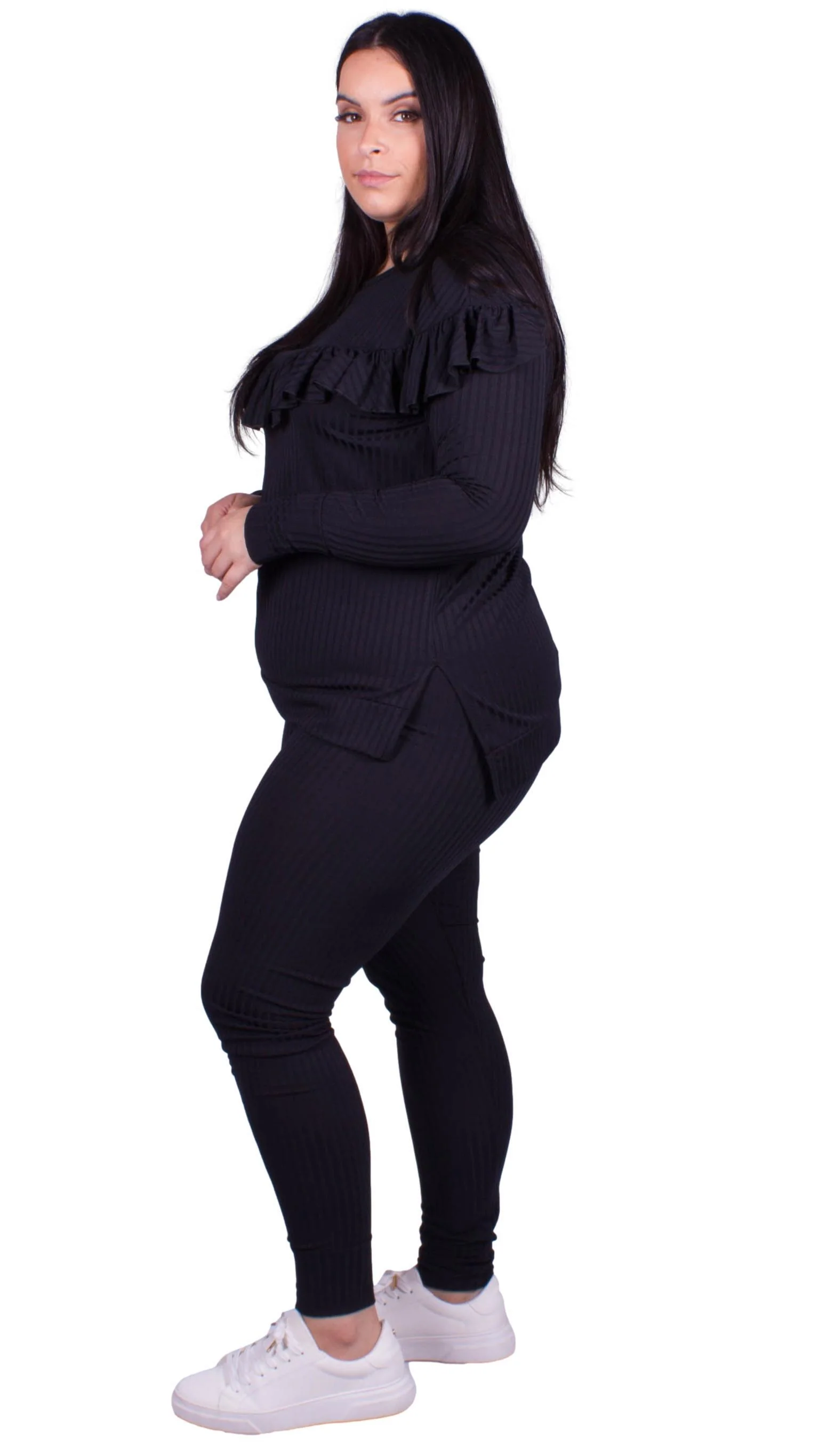 CurveWow Ribbed Frill Lounge Set Black - Image 6