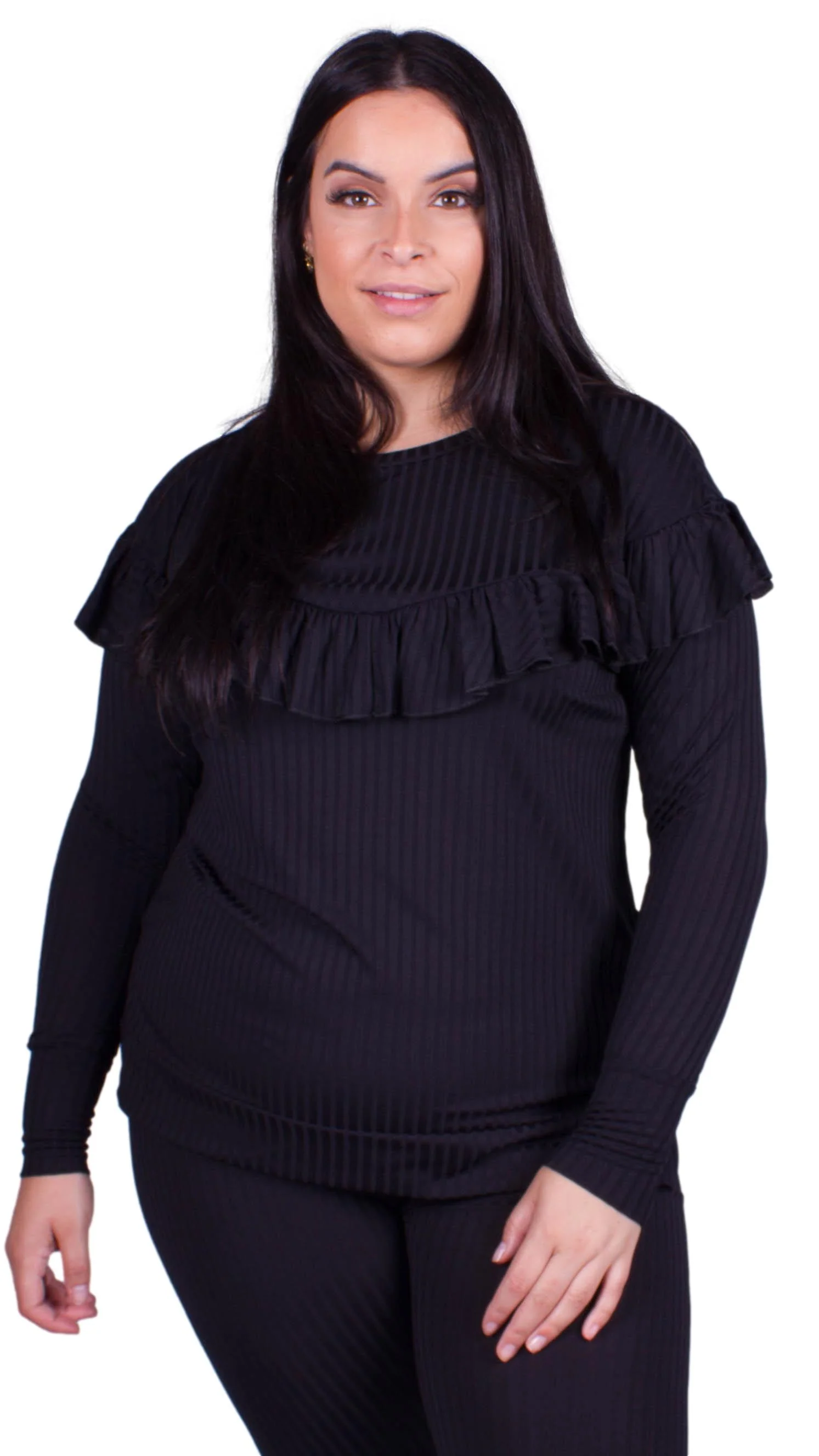 CurveWow Ribbed Frill Lounge Top Black - Image 6