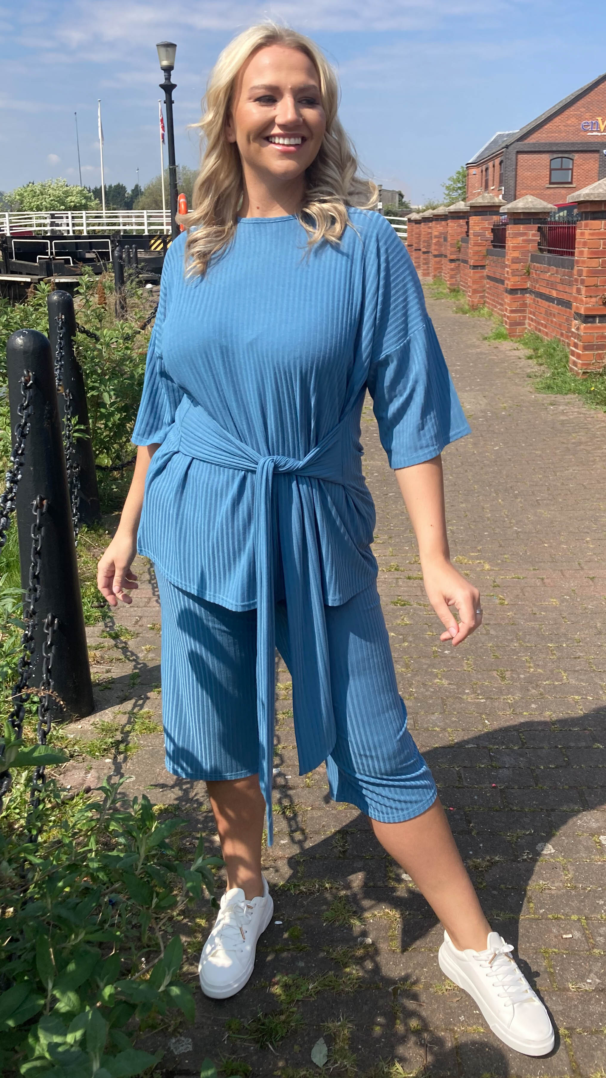 CurveWow Ribbed Short Sleeve Lounge Top Denim Blue - Image 3