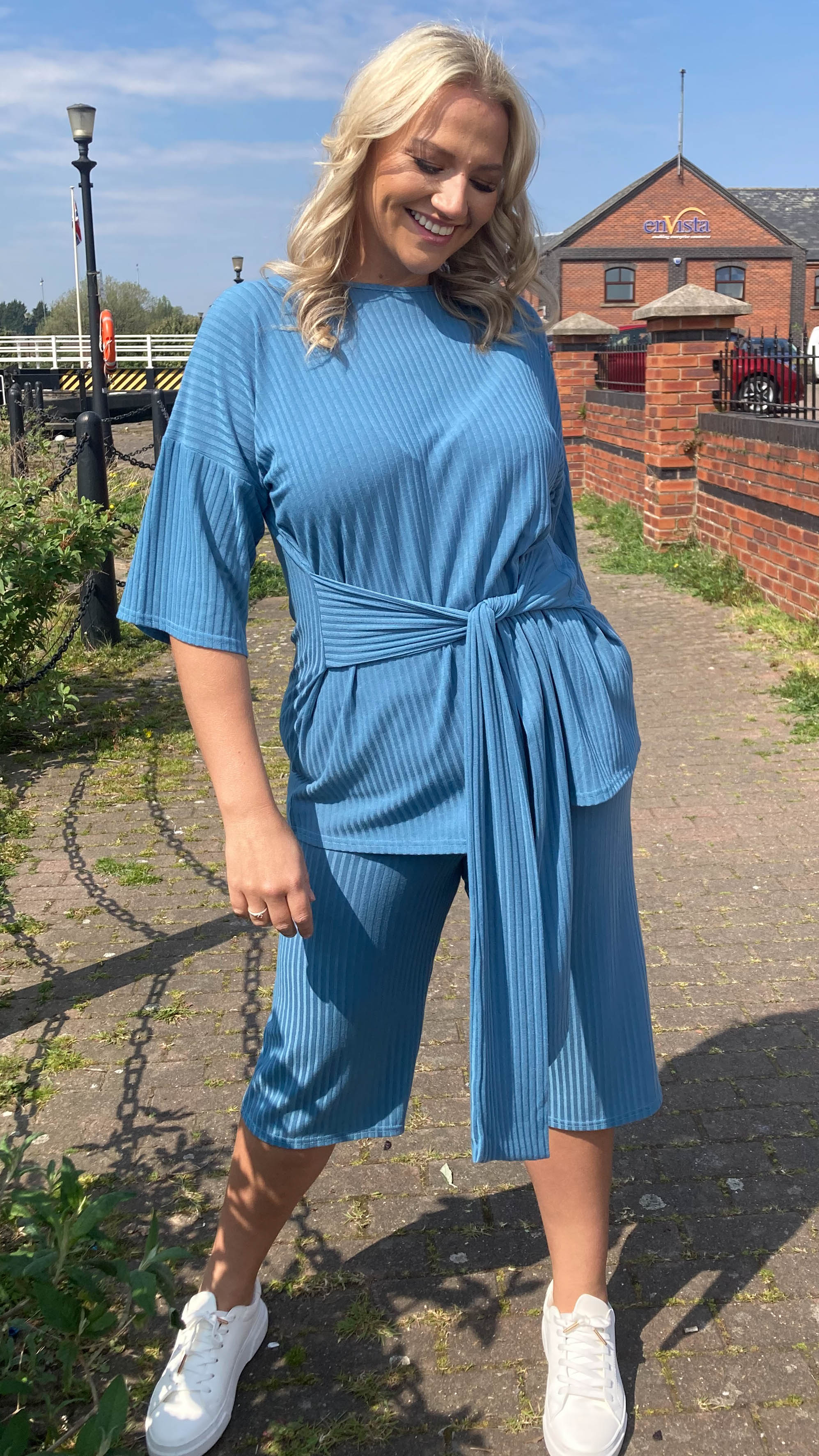 CurveWow Ribbed Short Sleeve Lounge Top Denim Blue - Image 6