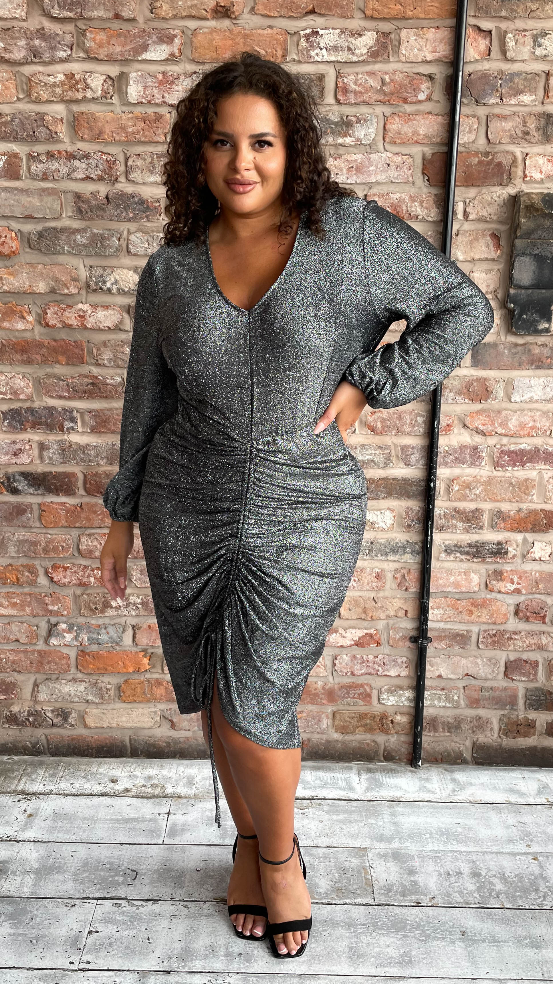 CurveWow Ruched Glitter Dress Silver - Image 3