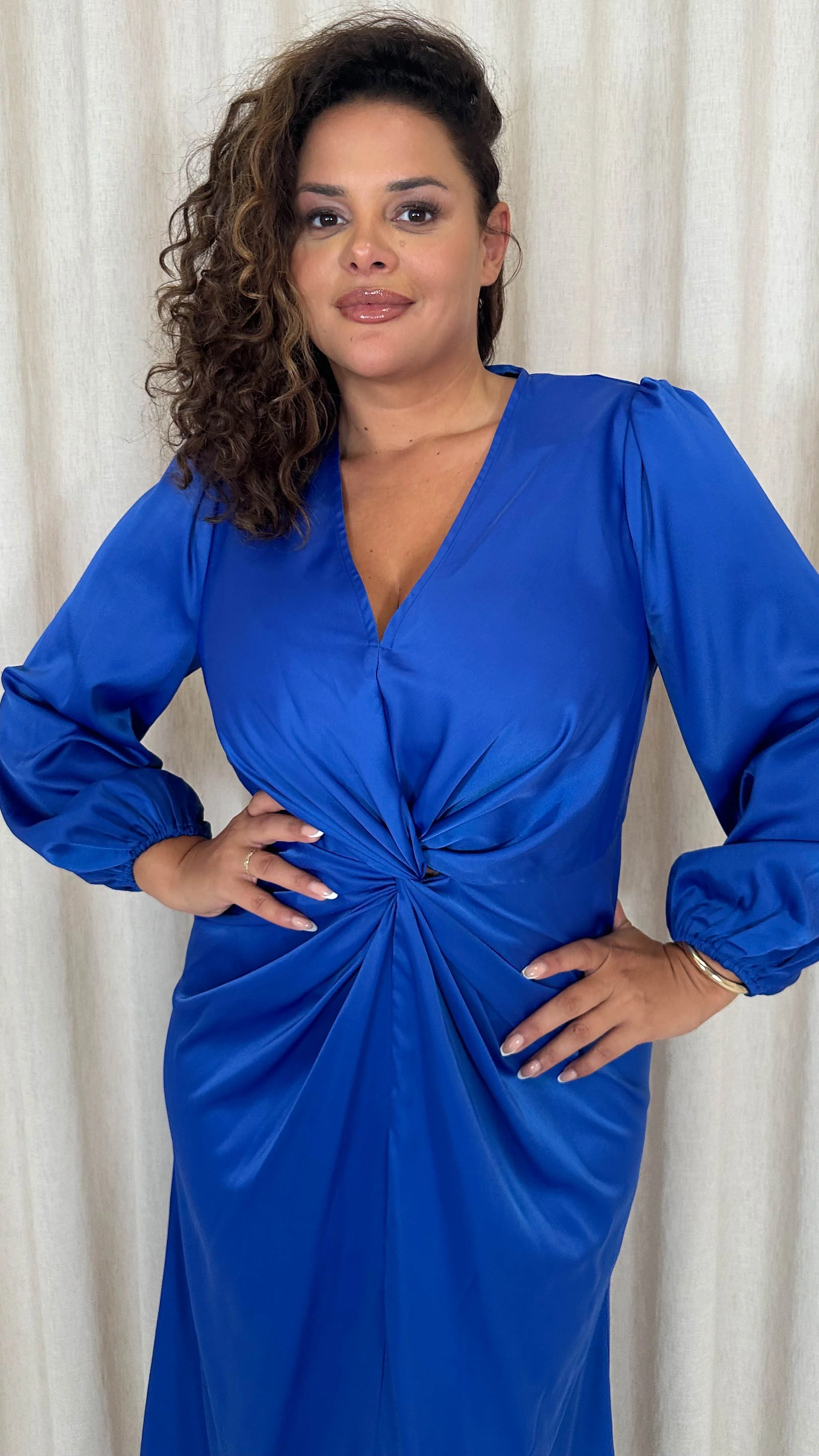 CurveWow Twist Front Satin Maxi Dress Cobalt Blue - Image 2