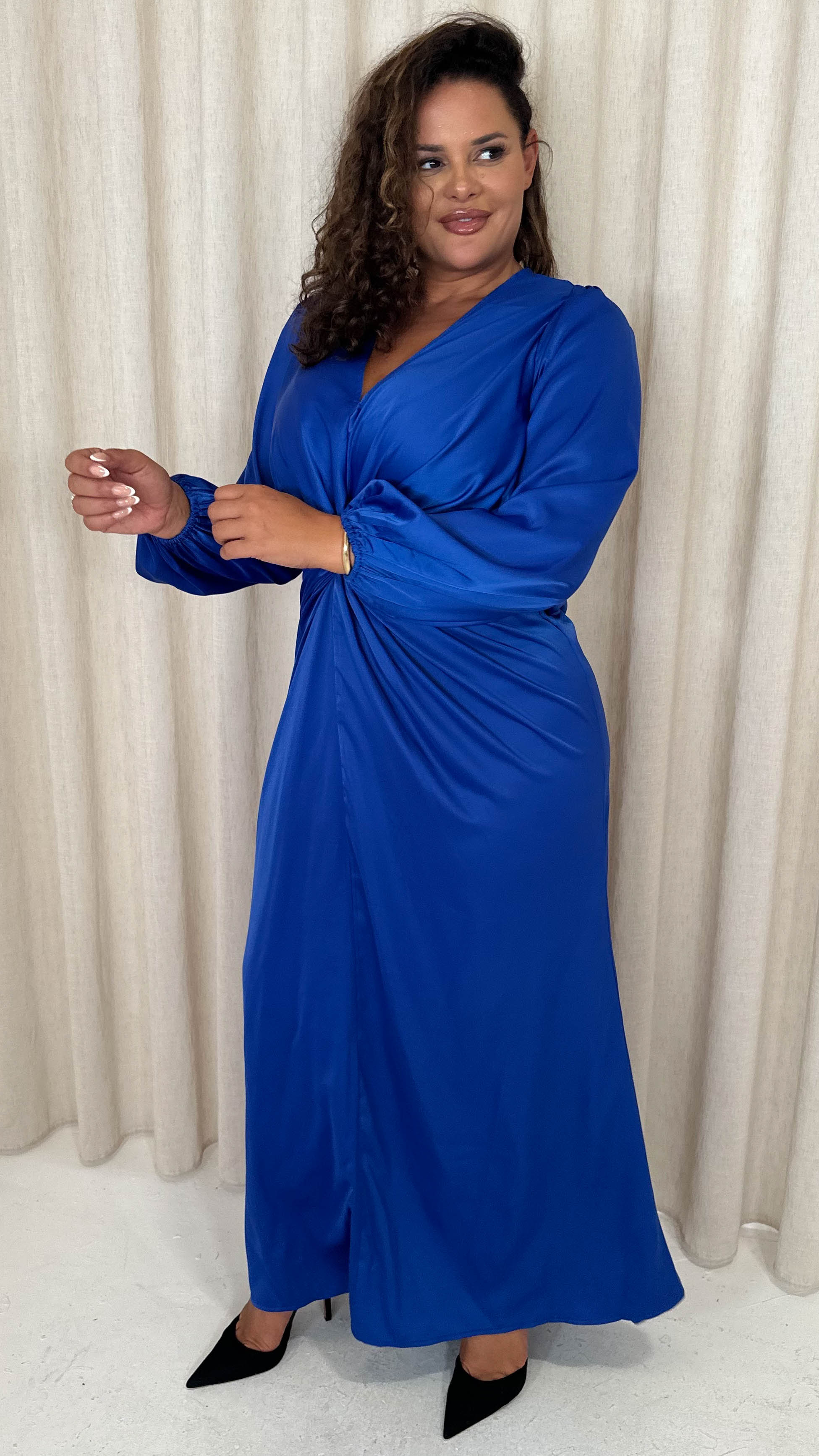 CurveWow Twist Front Satin Maxi Dress Cobalt Blue - Image 6