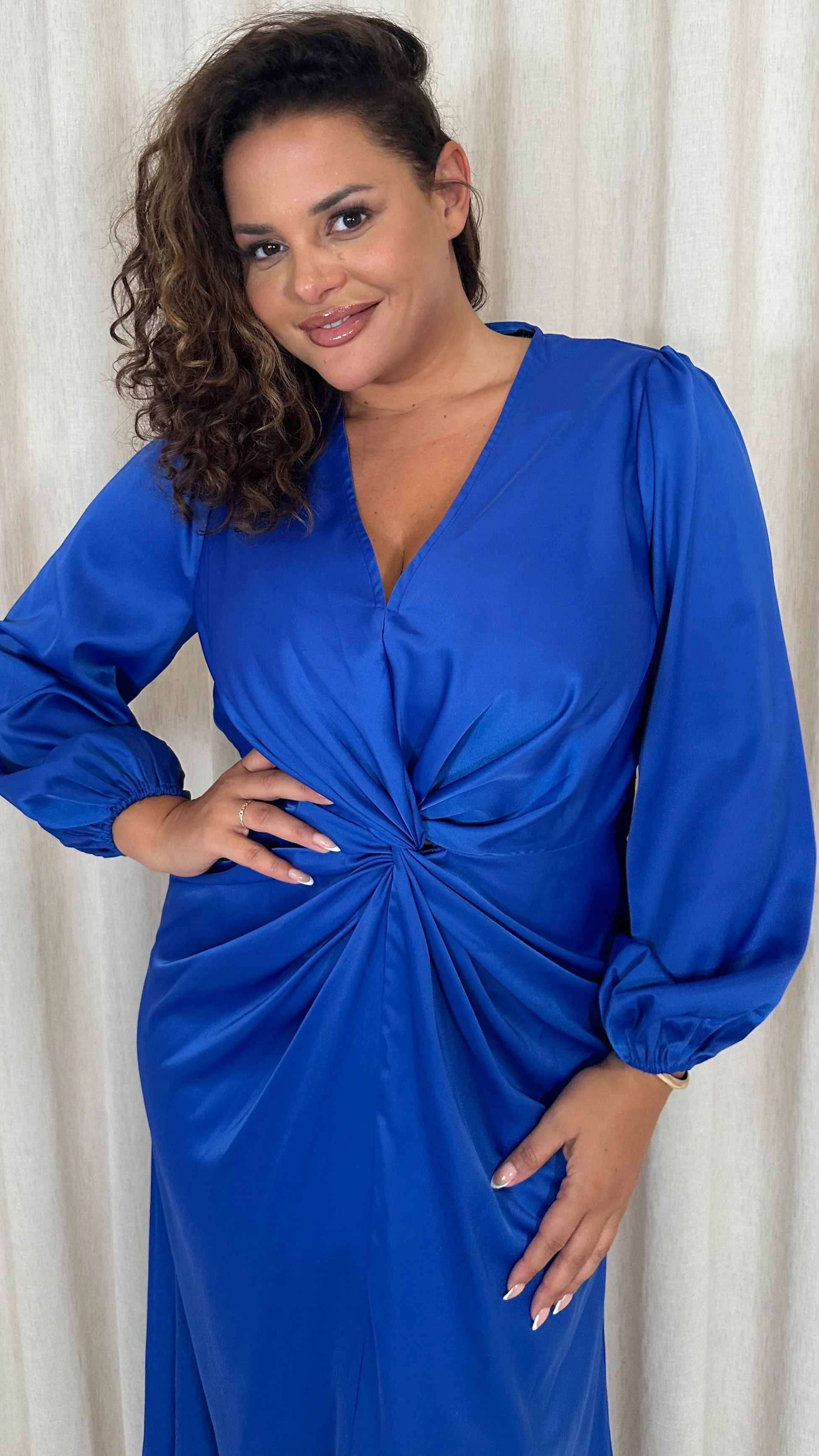 CurveWow Twist Front Satin Maxi Dress Cobalt Blue - Image 7