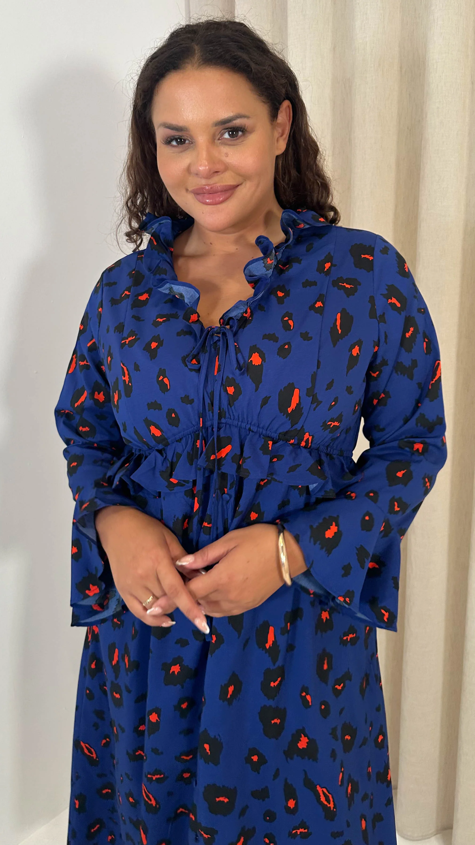 CurveWow Ruffle Button Front Flare Sleeve Midi Dress Blue Animal - Image 2
