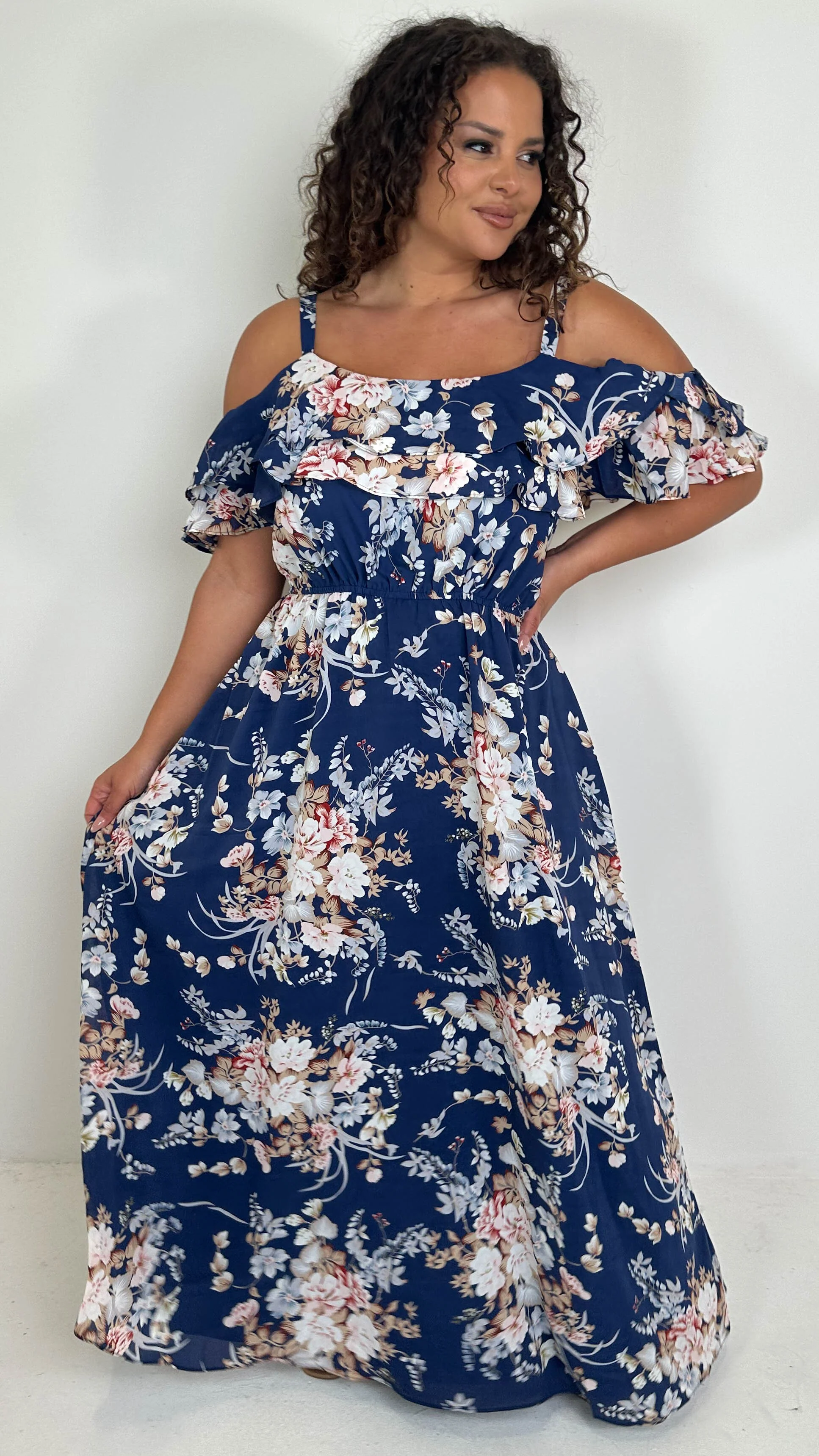 CurveWow Ruffle Cold Shoulder Maxi Dress Navy Floral - Image 4