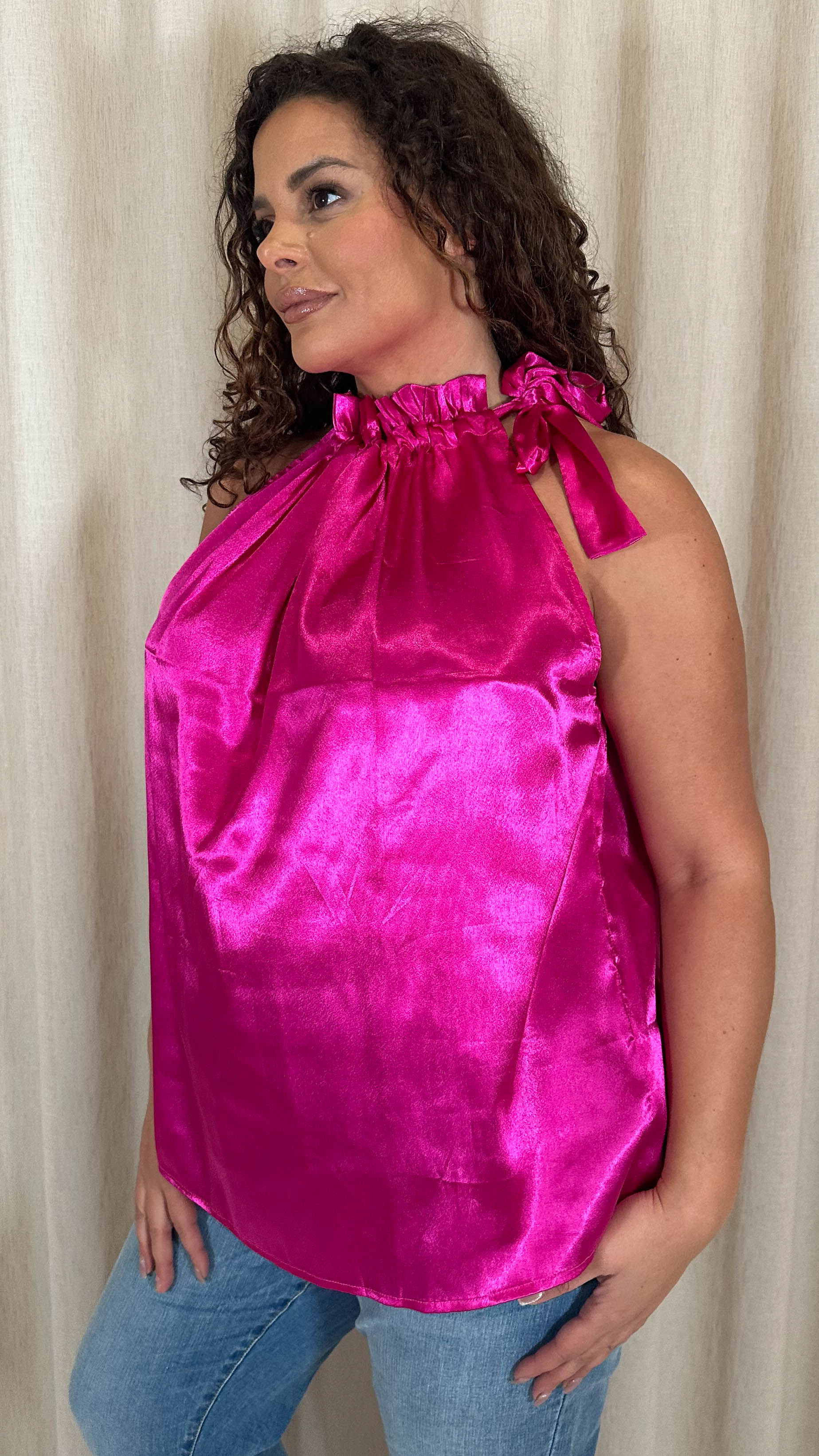 CurveWow Ruffle High Neck Tie Top Pink - Image 5