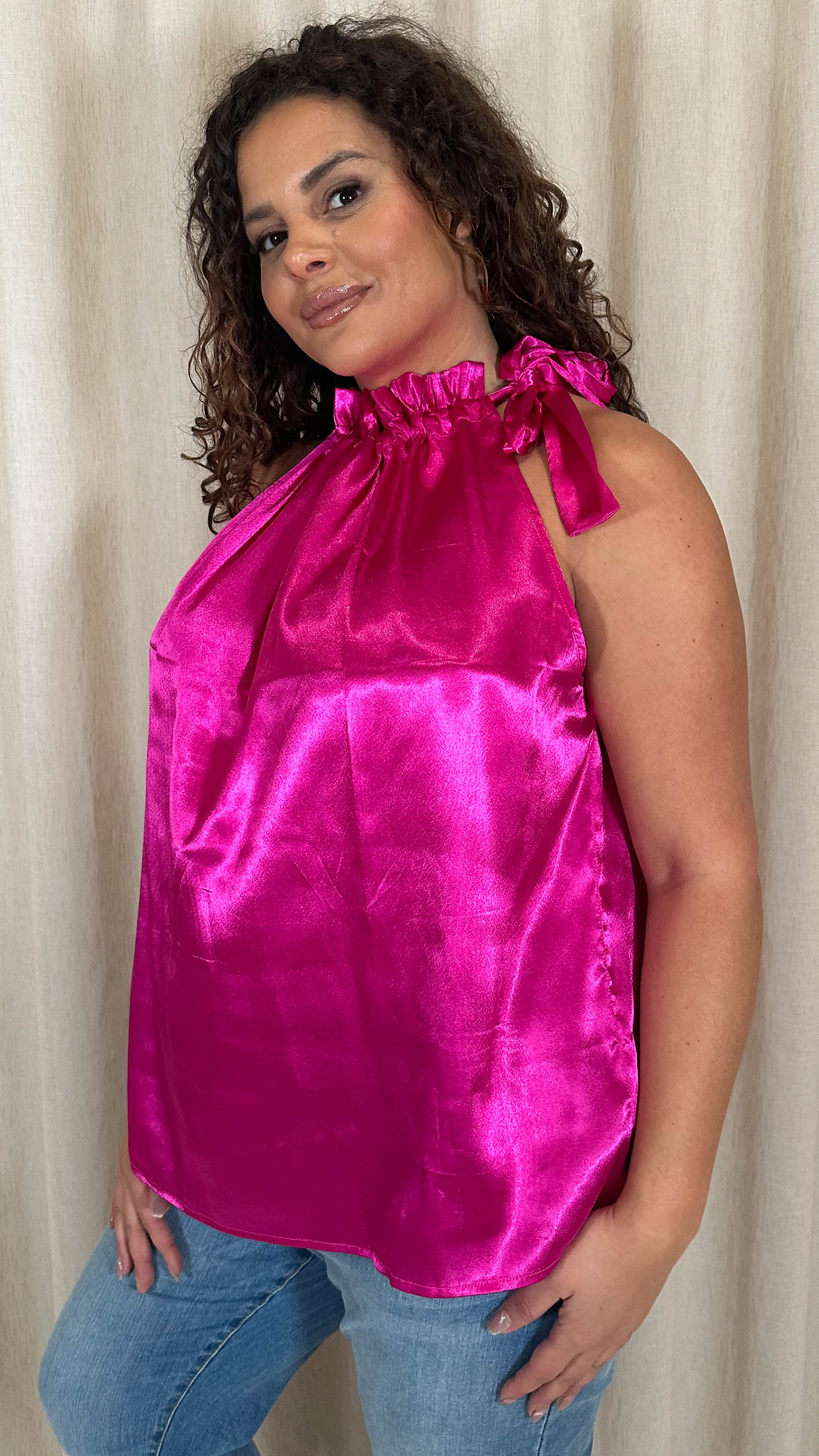 CurveWow Ruffle High Neck Tie Top Pink - Image 6