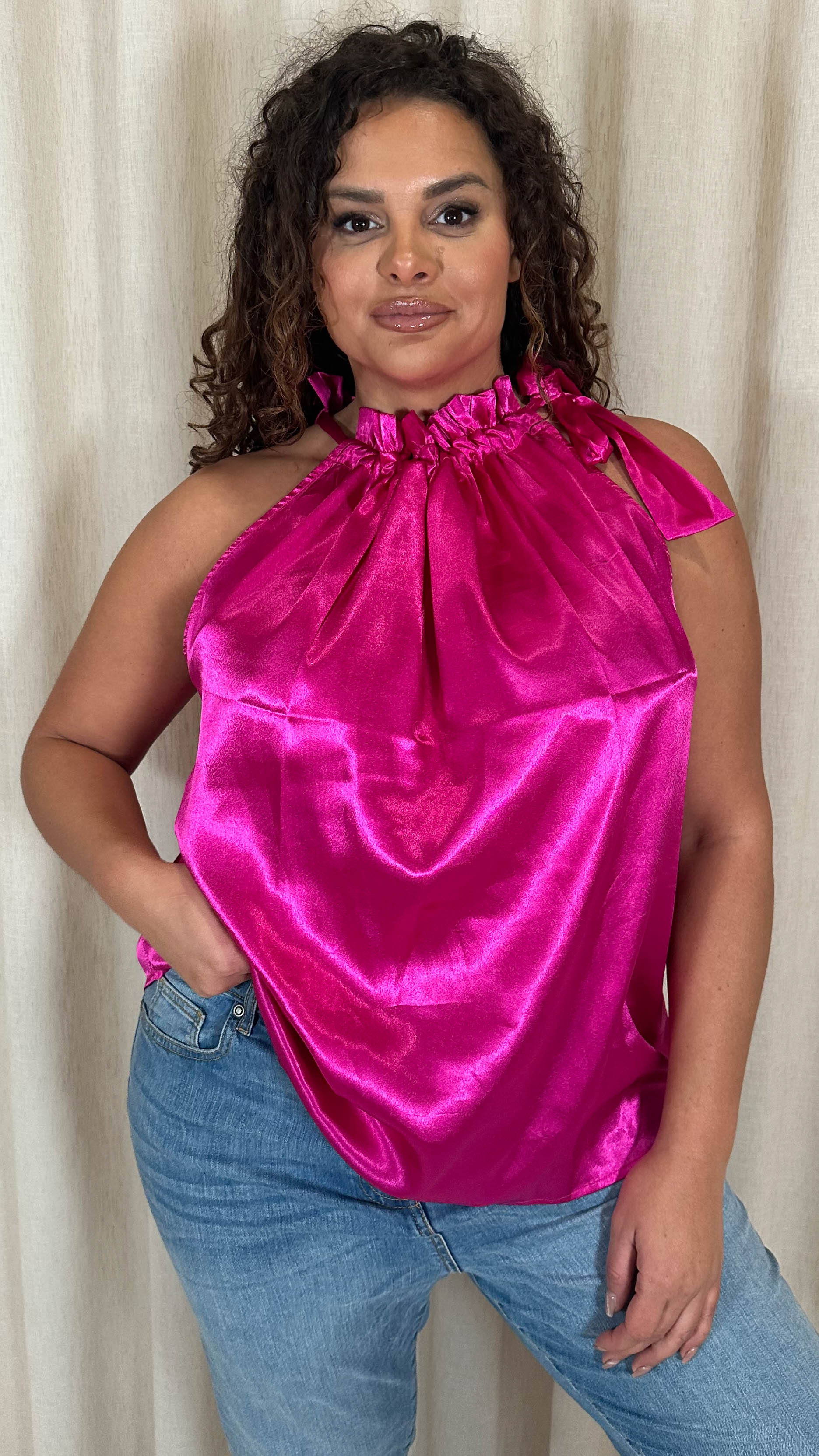 CurveWow Ruffle High Neck Tie Top Pink - Image 7