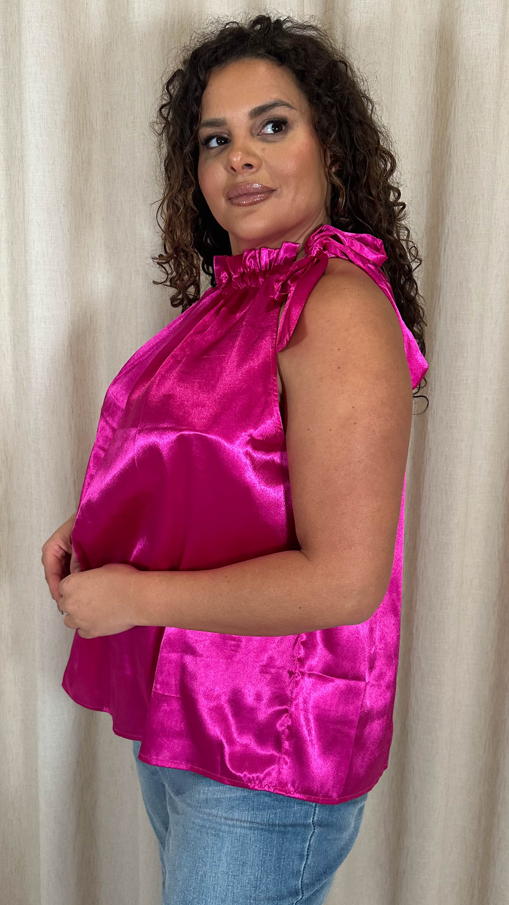 CurveWow Ruffle High Neck Tie Top Pink - Image 8