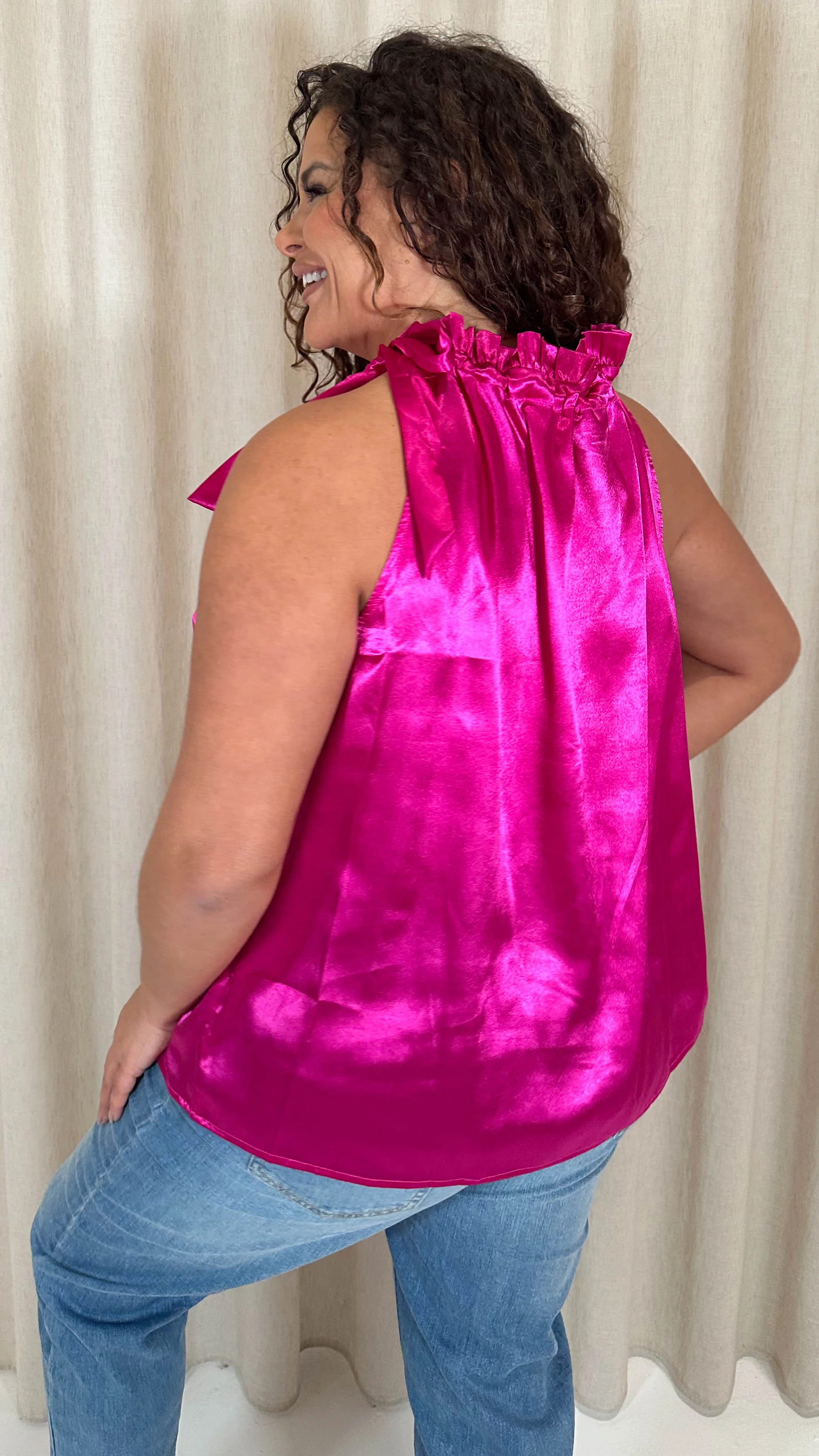 CurveWow Ruffle High Neck Tie Top Pink - Image 9