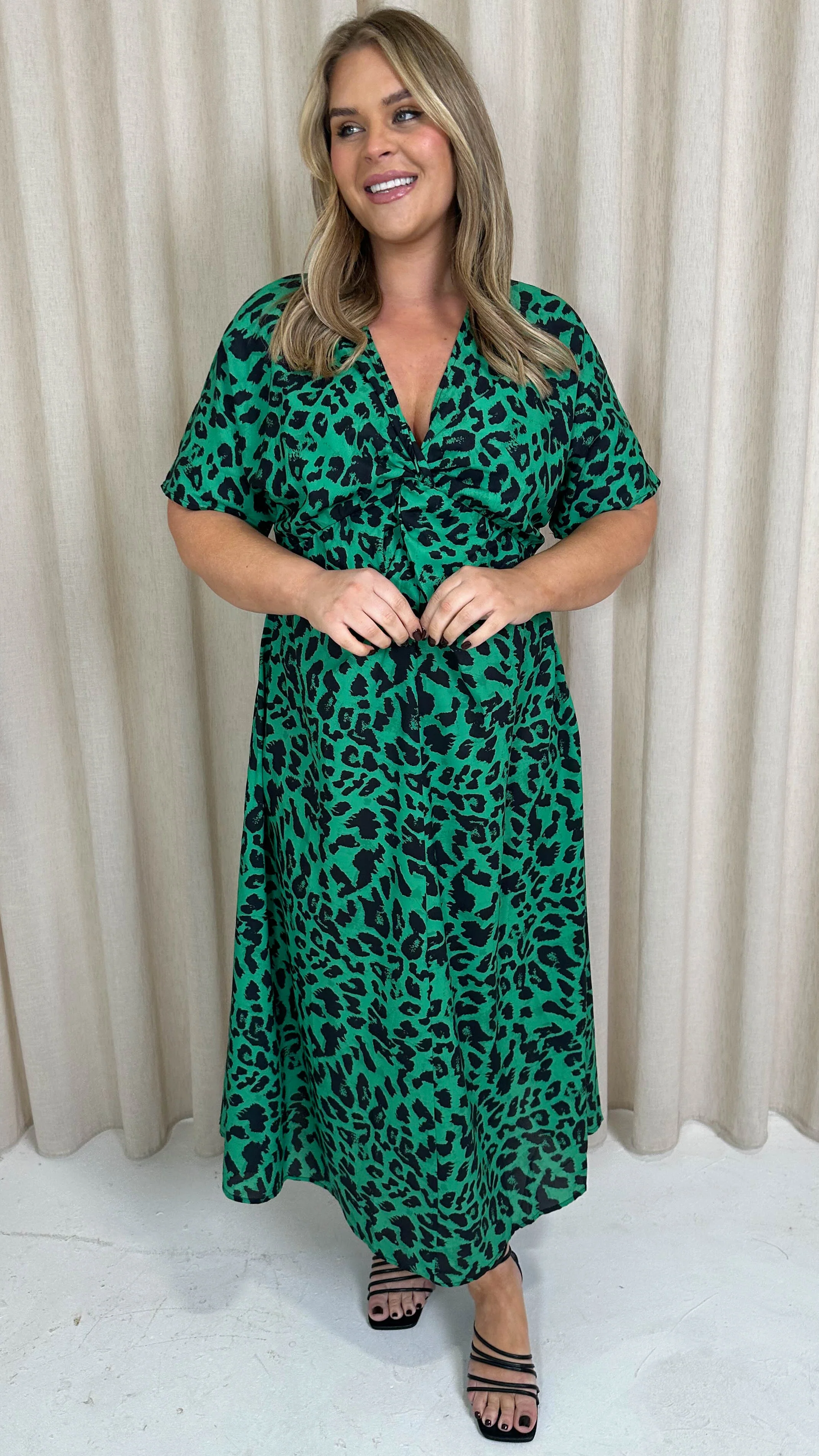 CurveWow Satin Knot Front Maxi Dress Green Animal - Image 2