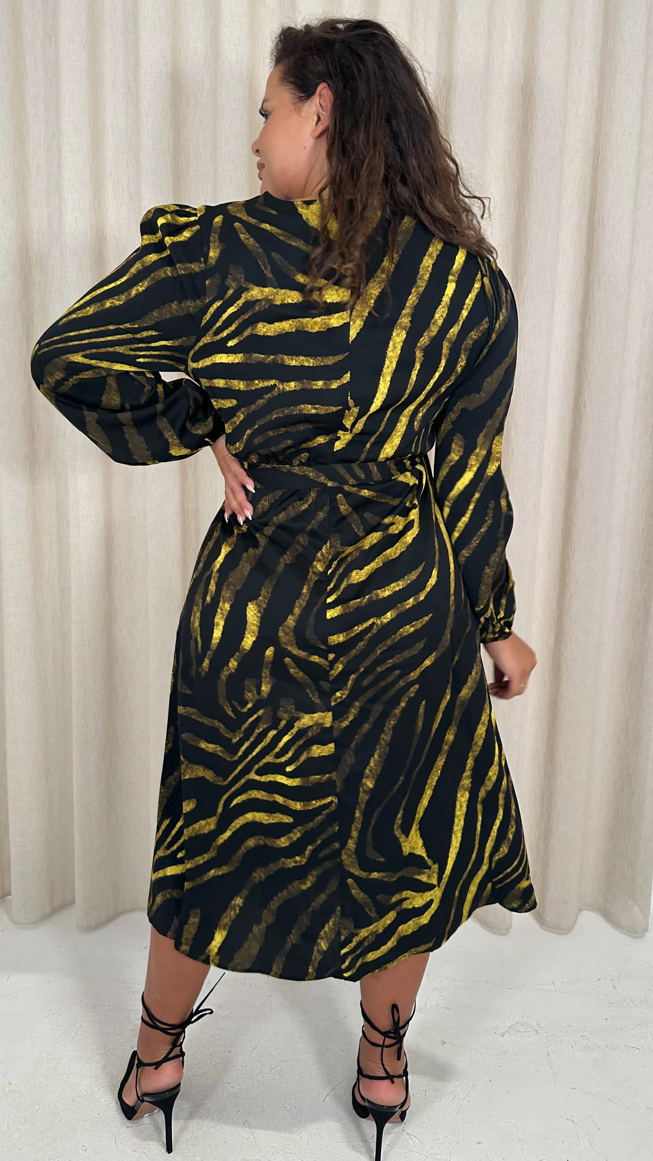 CurveWow Satin Tie Waist Midi Dress Black & Yellow Zebra - Image 8