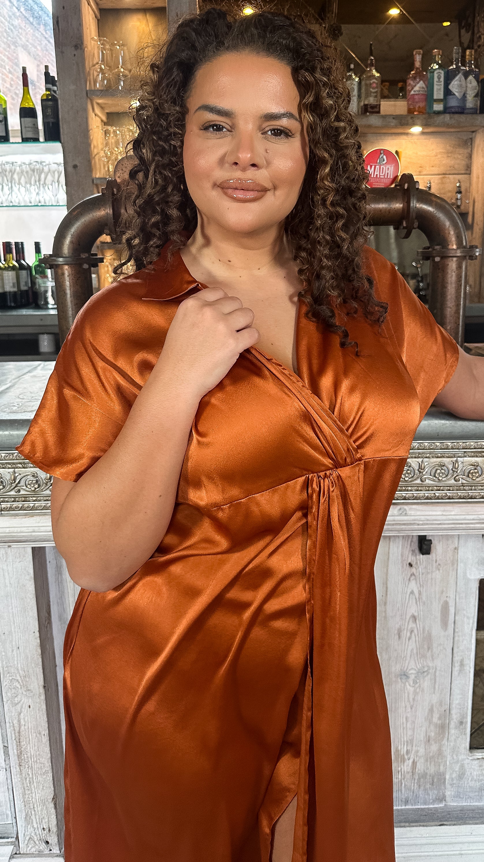 CurveWow Satin Twist Collared Dress Coffee - Image 2