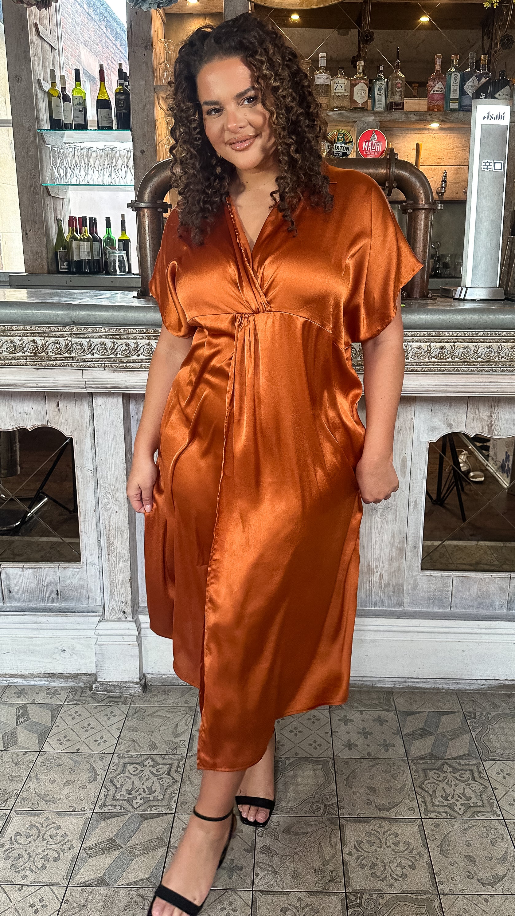 CurveWow Satin Twist Collared Dress Coffee - Image 7