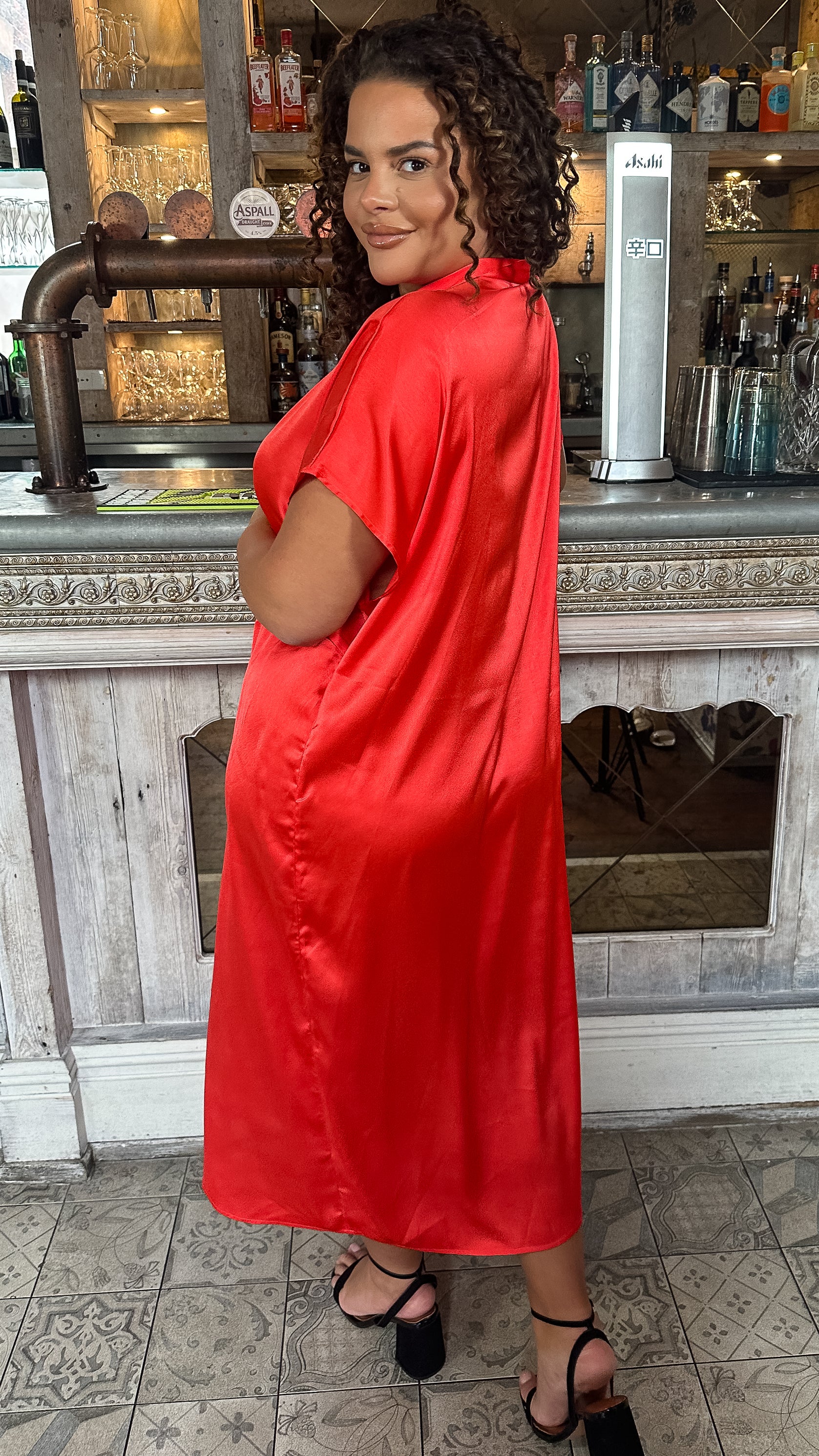 CurveWow Satin Twist Collared Dress Red - Image 4