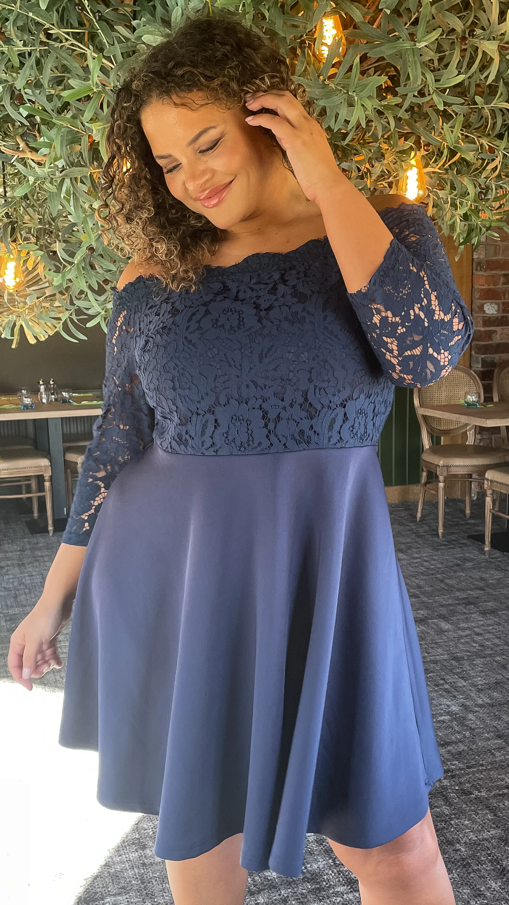CurveWow Scuba Lace Bardot Dress Navy - Image 3