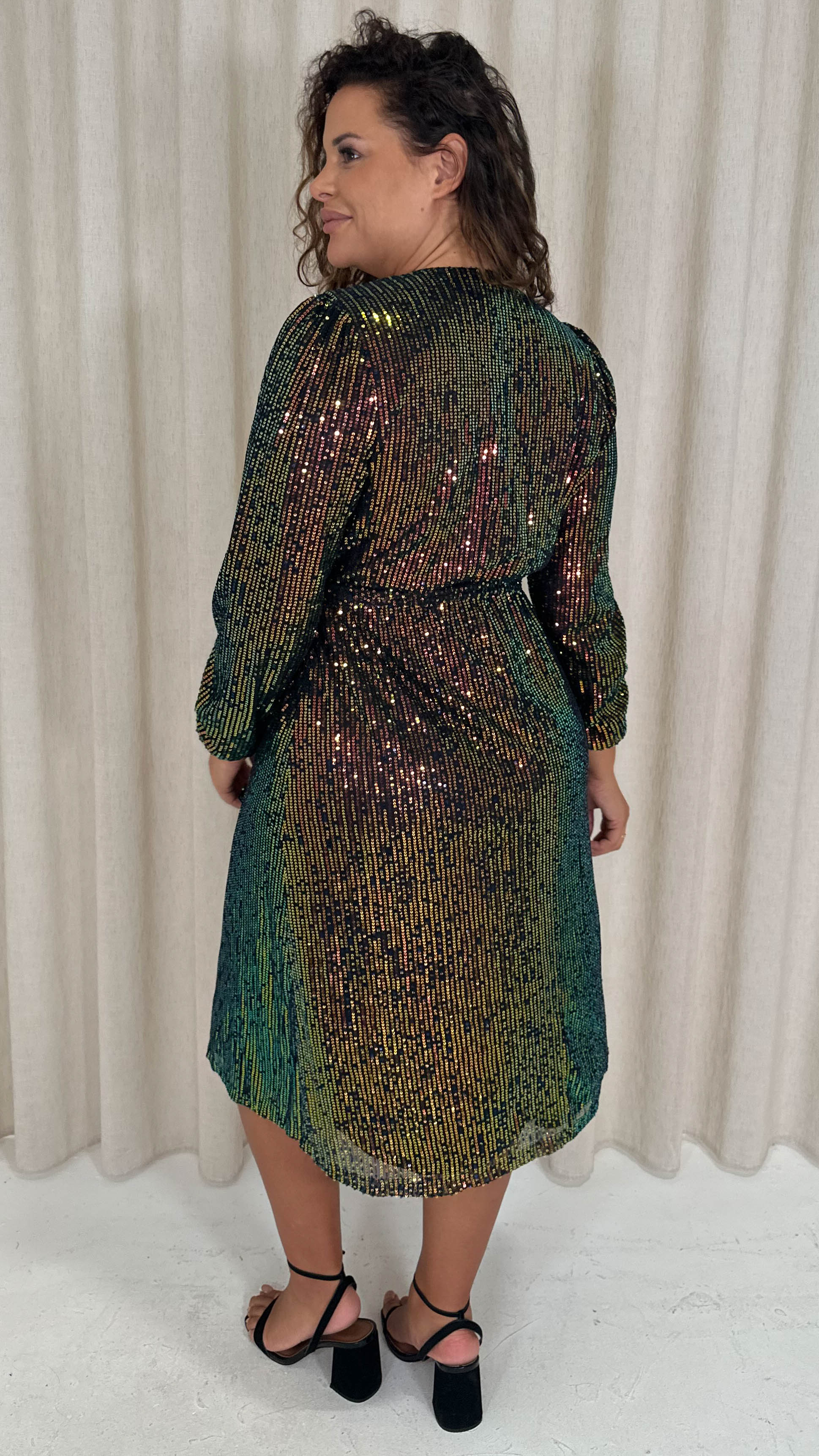 CurveWow Sequin Long Sleeve Midi Dress Multi Black - Image 10