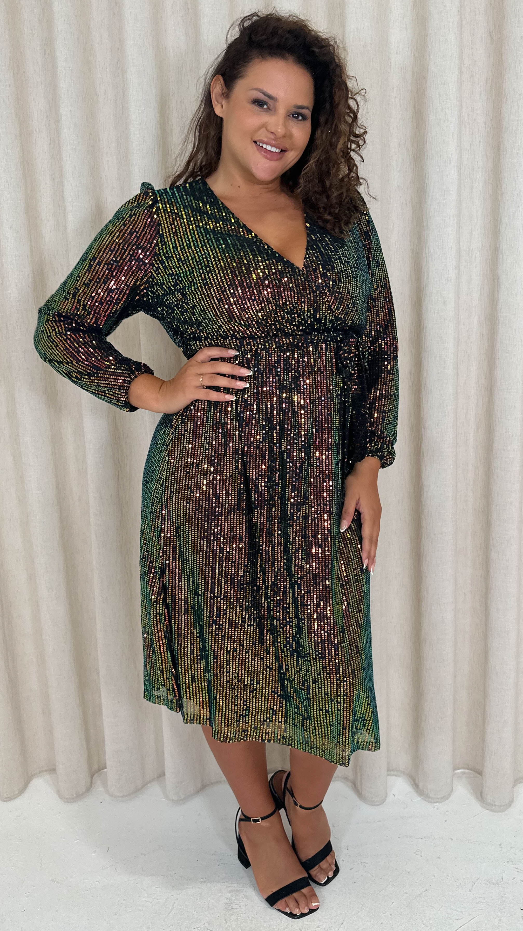 CurveWow Sequin Long Sleeve Midi Dress Multi Black - Image 4