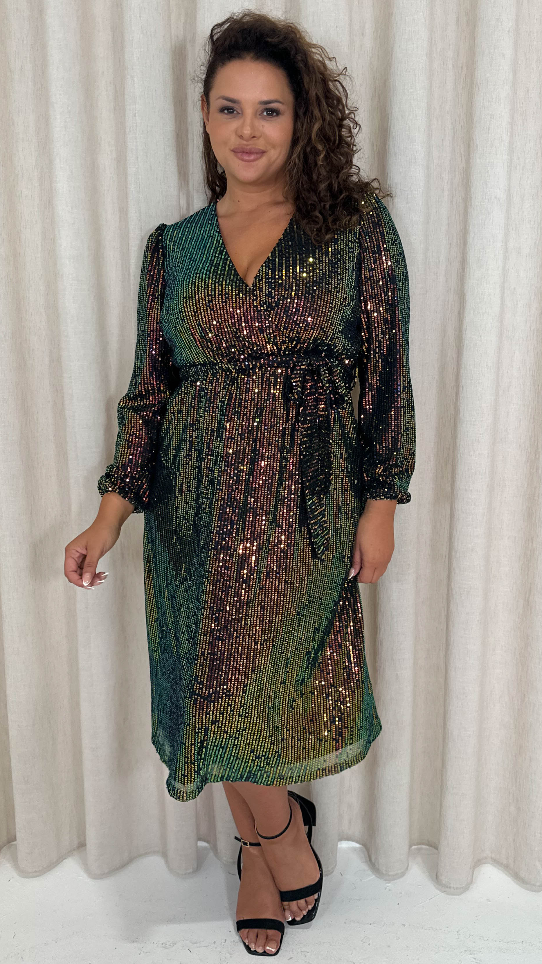 CurveWow Sequin Long Sleeve Midi Dress Multi Black - Image 6