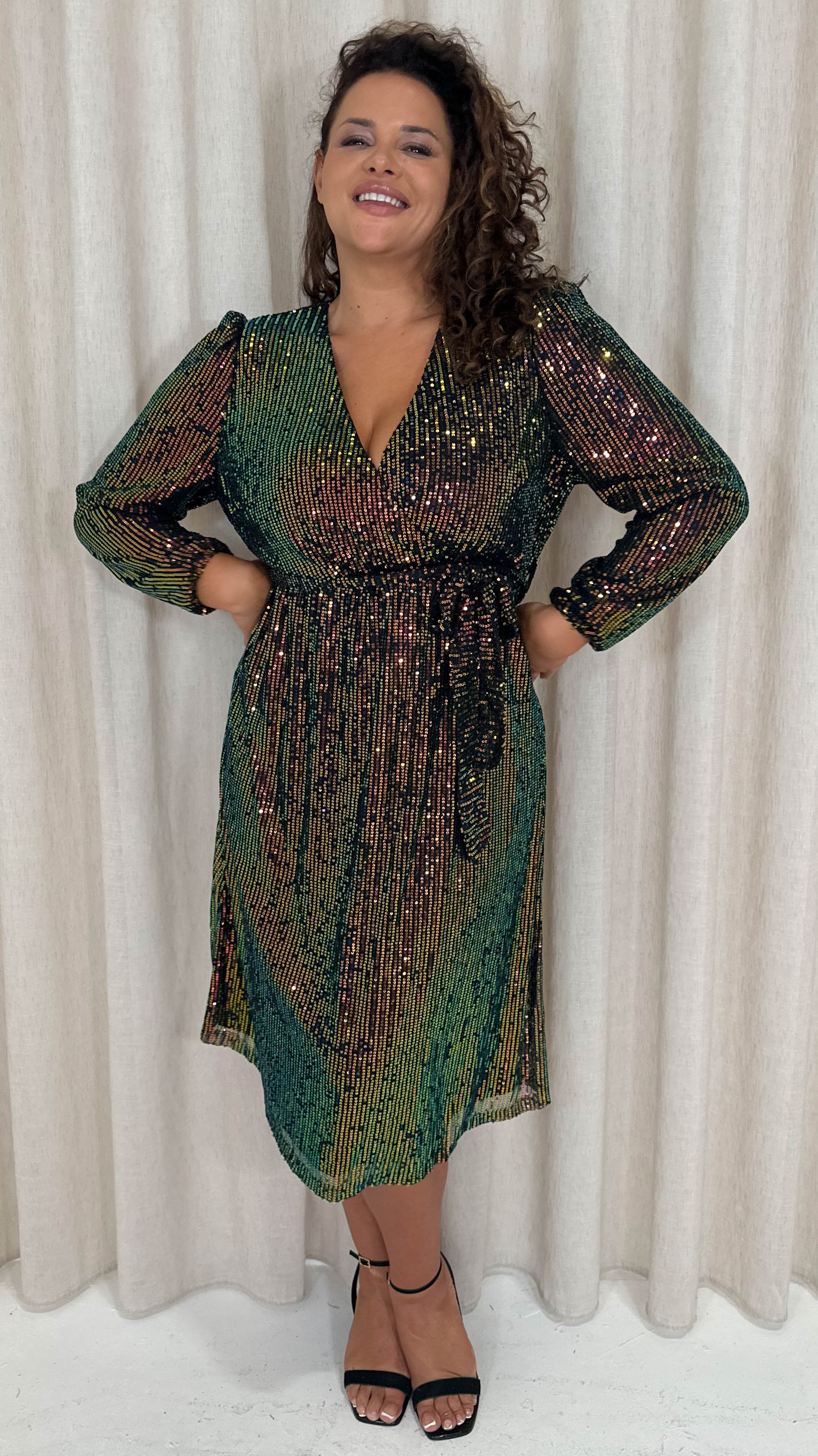 CurveWow Sequin Long Sleeve Midi Dress Multi Black - Image 7