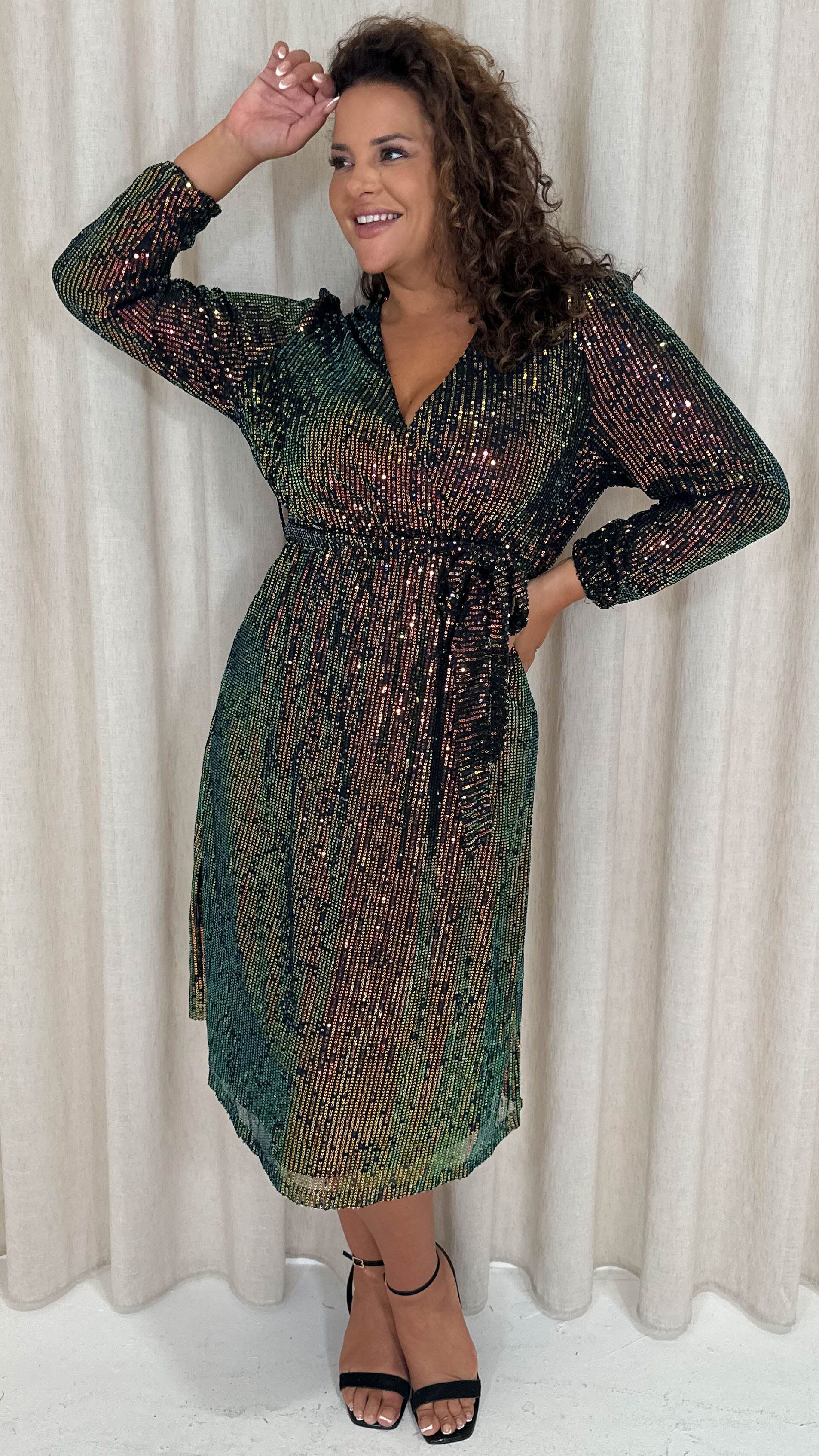 CurveWow Sequin Long Sleeve Midi Dress Multi Black - Image 8