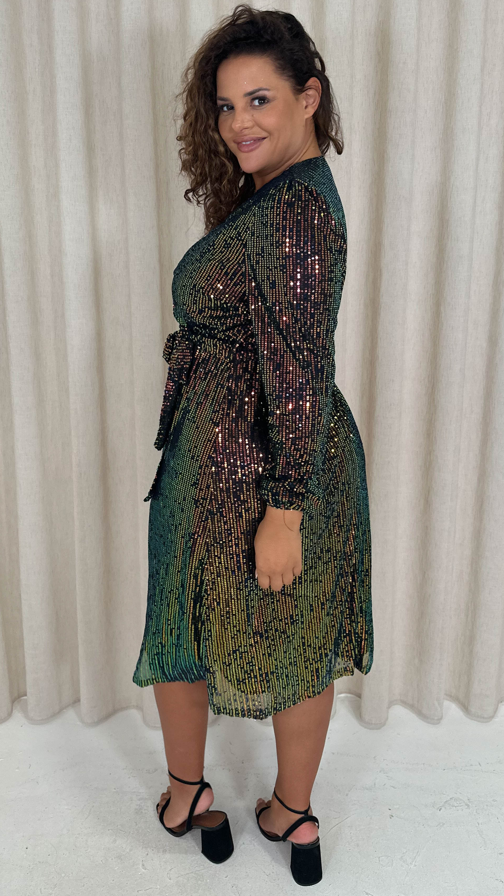 CurveWow Sequin Long Sleeve Midi Dress Multi Black - Image 9