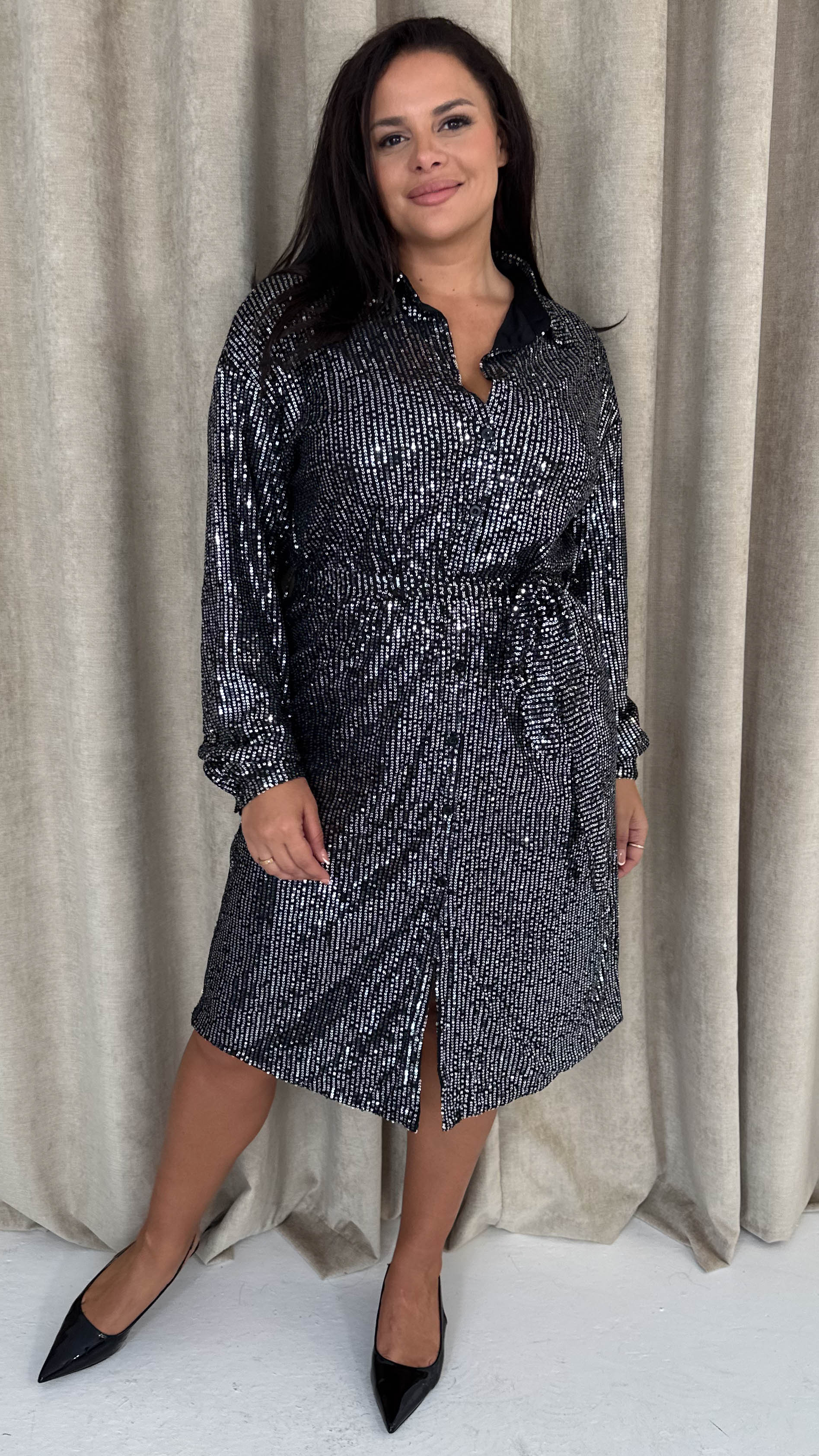 CurveWow Sequin Midi Tie Waist Shirt Dress Silver - Image 4