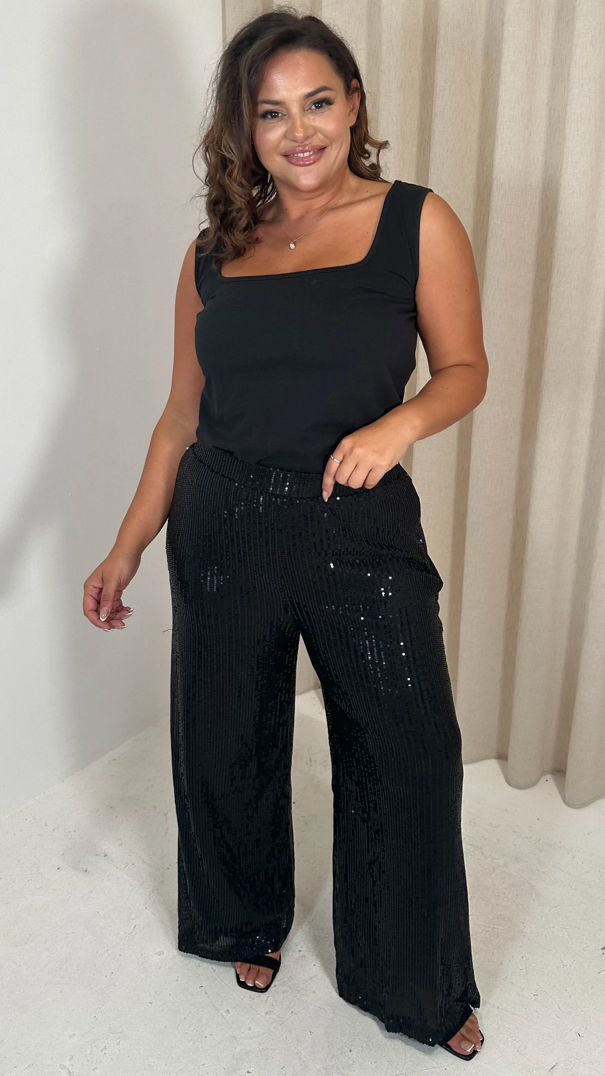 CurveWow Sequin Wide Leg Trouser Black - Image 3