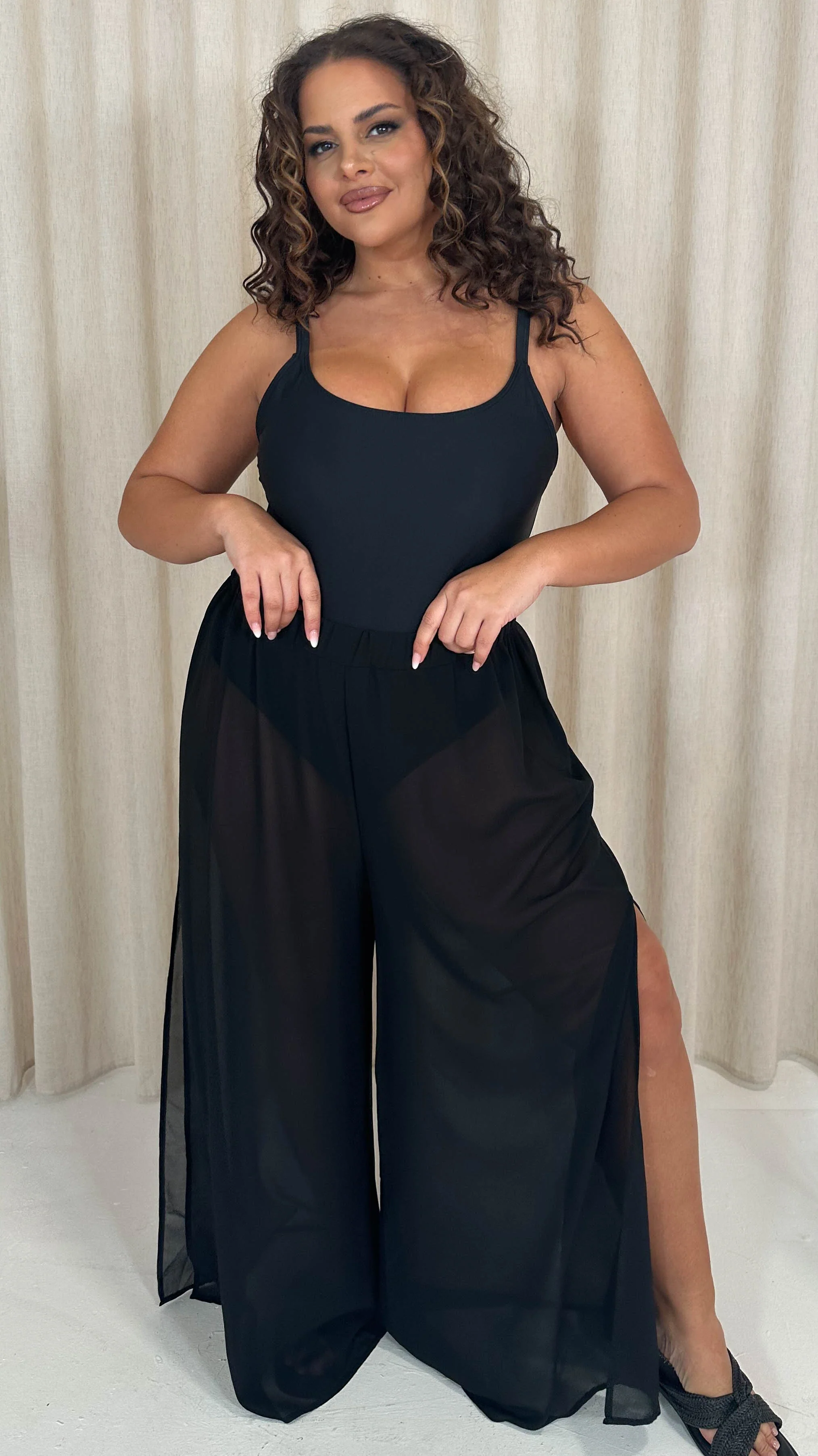 CurveWow Sheer Split Leg Beach Trousers Black - Image 3