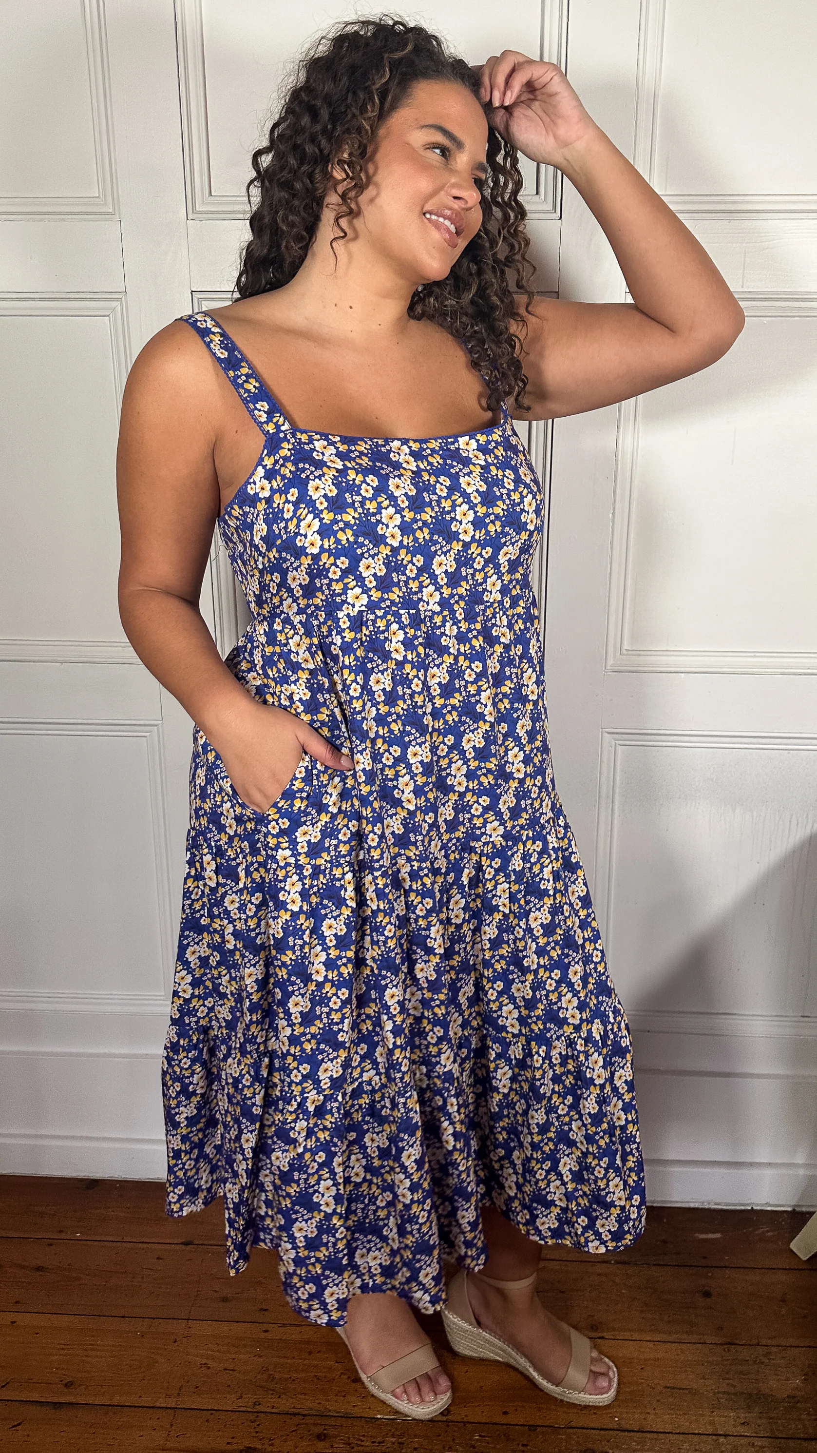 CurveWow Tiered Cami Dress Blue Floral - Image 7