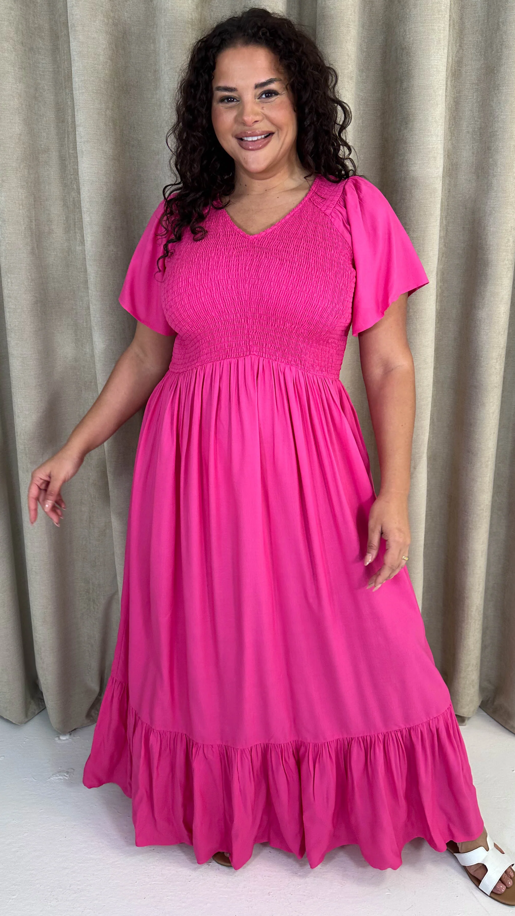 CurveWow Shirred Top Angel Sleeve Maxi Dress Bright Pink - Image 5