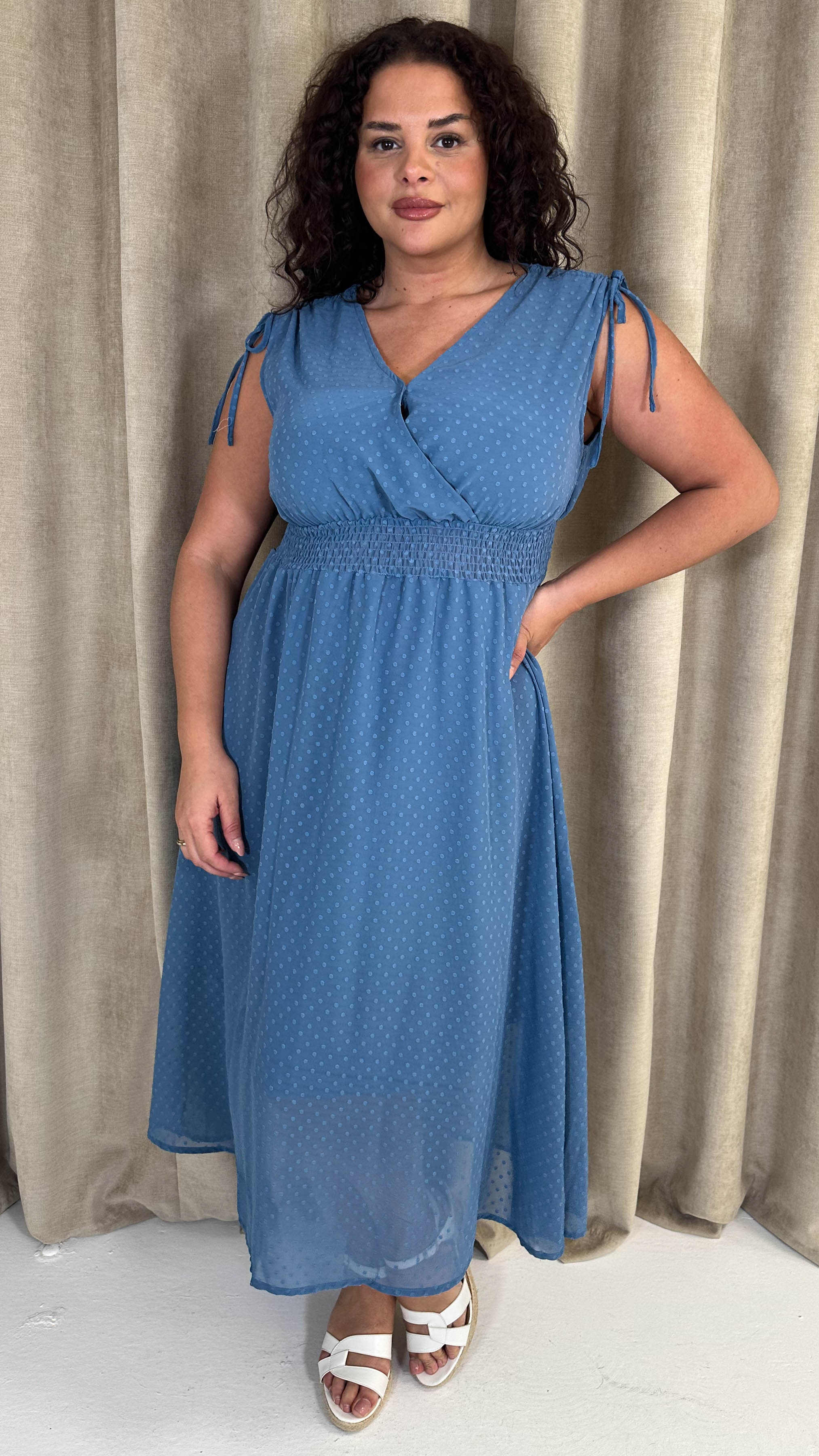 CurveWow Shirred Waist Dobby Midaxi Dress Dusty Blue - Image 7