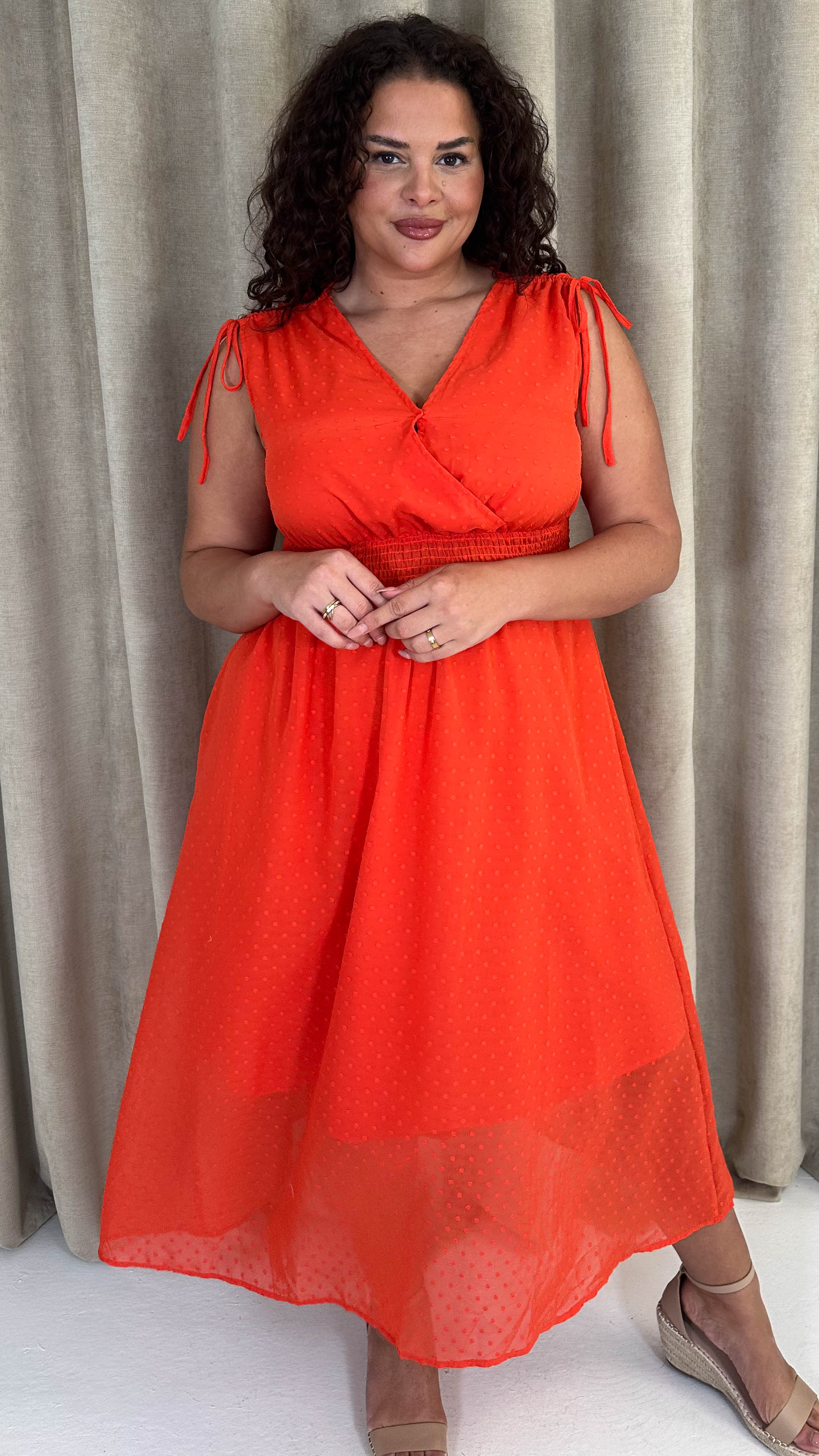 CurveWow Shirred Waist Dobby Midaxi Dress Orange - Image 6