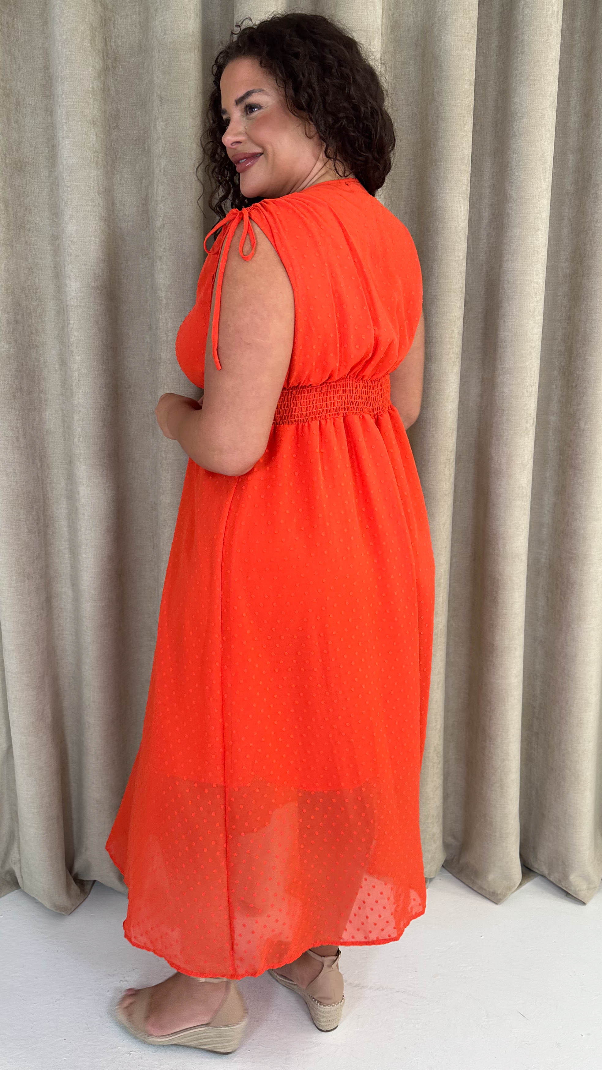 CurveWow Shirred Waist Dobby Midaxi Dress Orange - Image 8