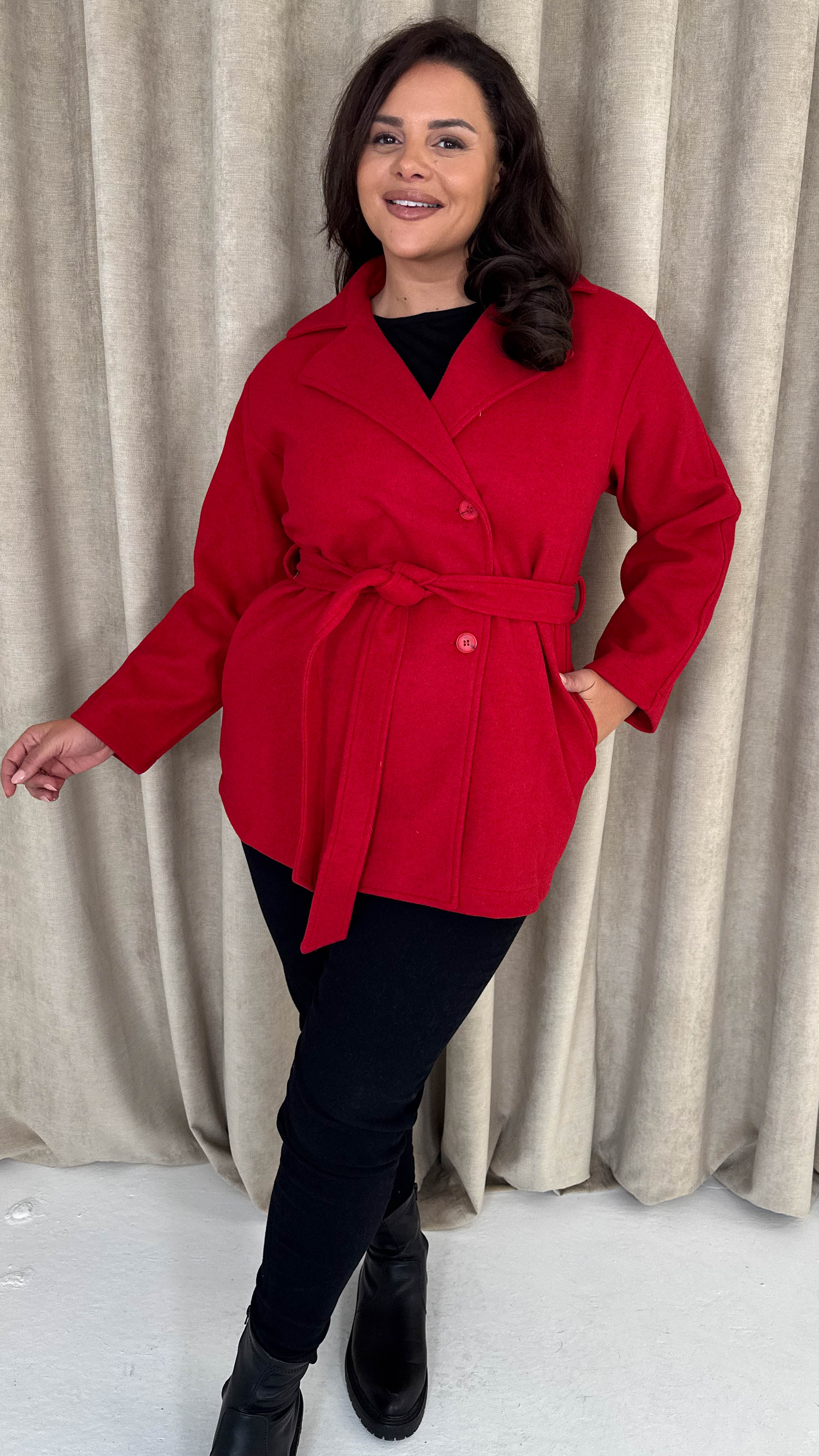 CurveWow Short Coat With Belt Red - Image 6
